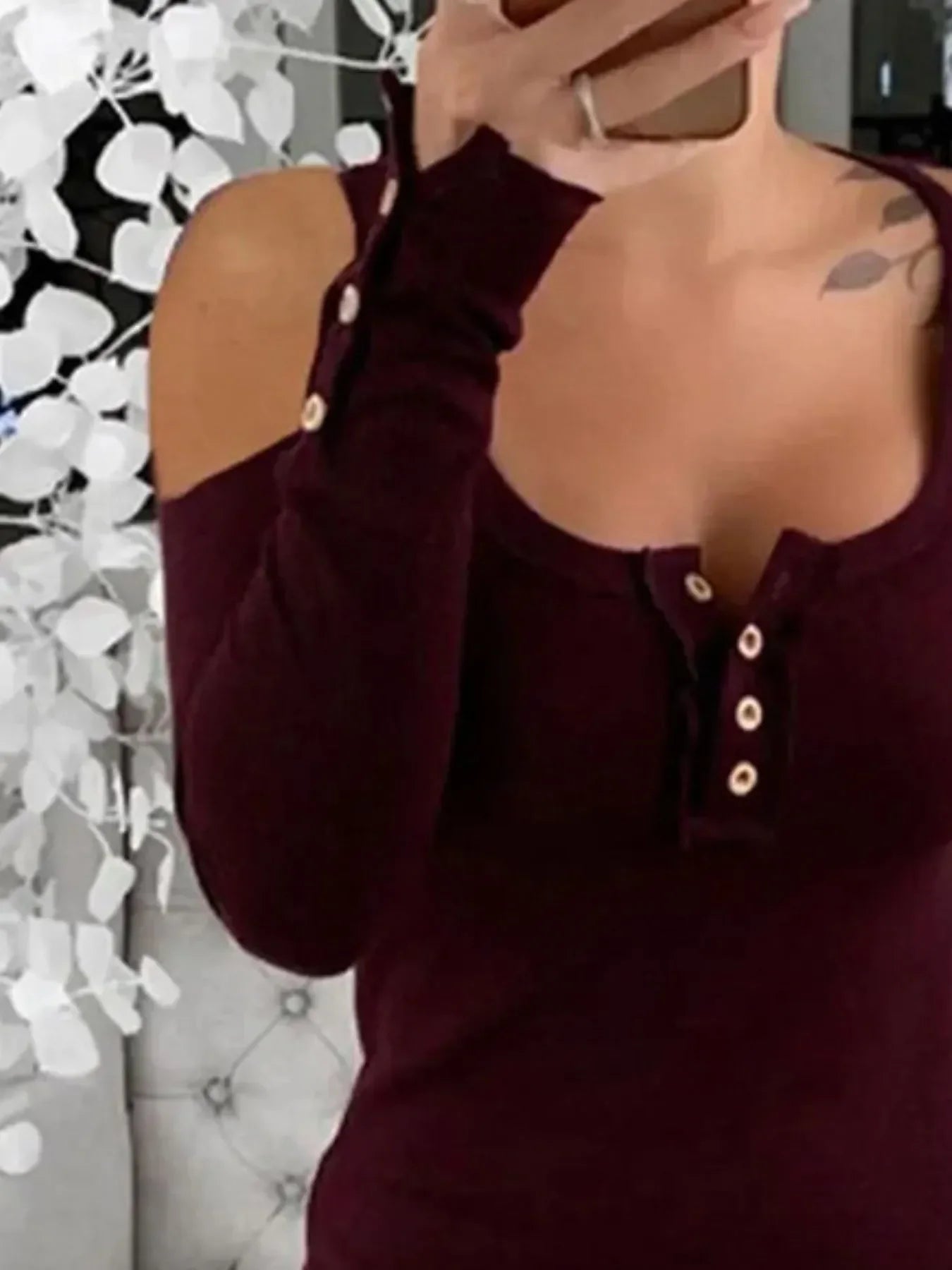Cold Shoulder Ribbed Henley Tee With Button Detail - Southern Shores Clothing