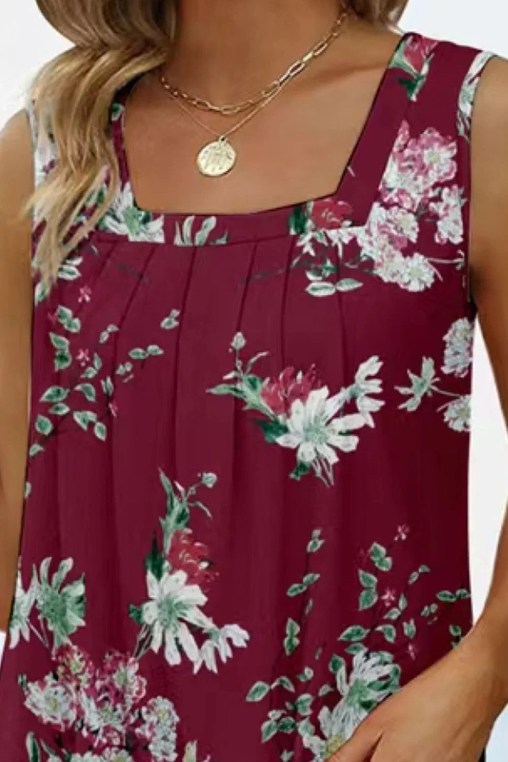 Printed Floral Square Neck Stretch Tank Top - Southern Shores Clothing