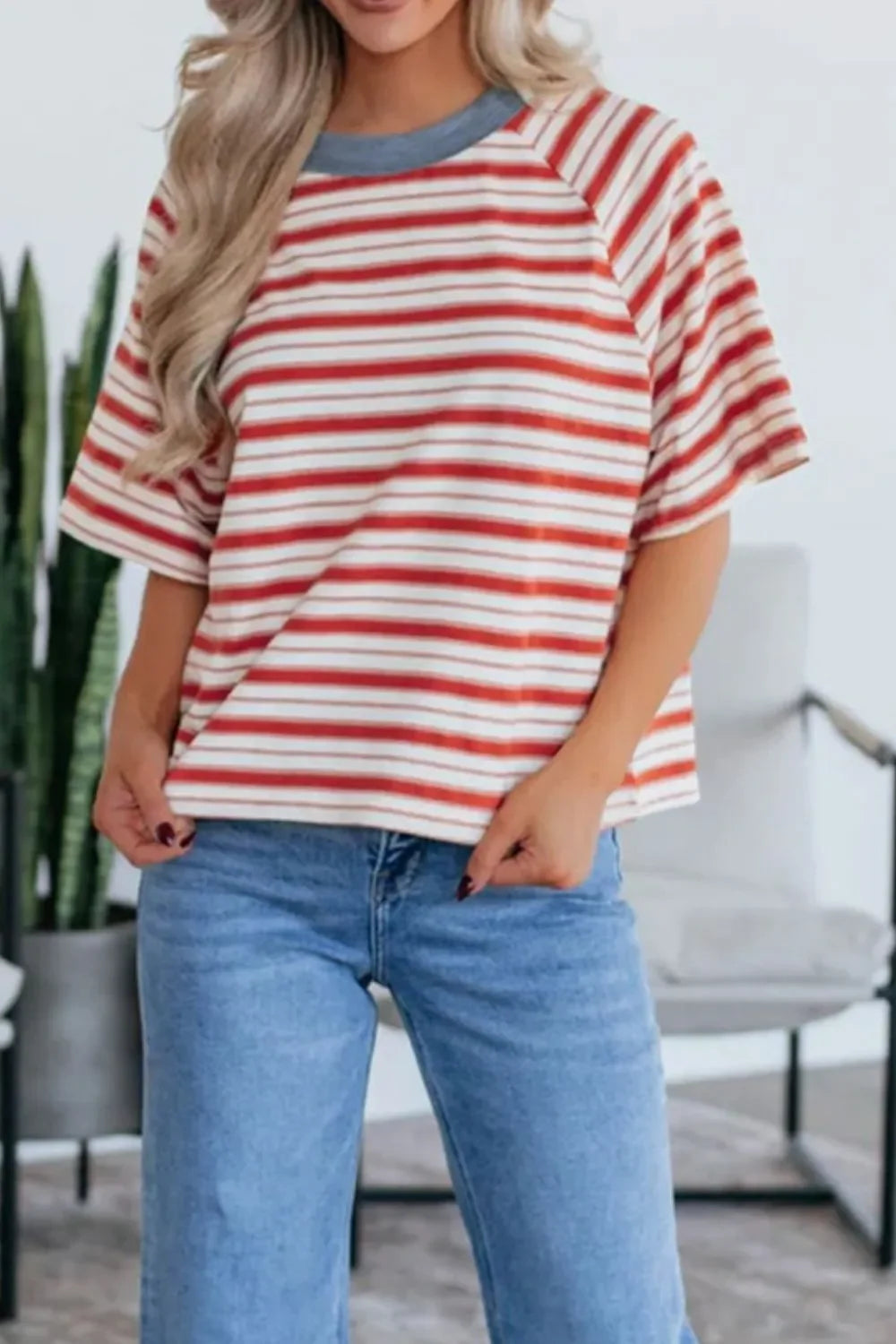 Stripe Print Contrast Collar Raglan Sleeve T Shirt - Southern Shores Clothing
