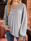 Hollowed Lace Ribbed Patchwork Knit Long Sleeve Top - Southern Shores Clothing