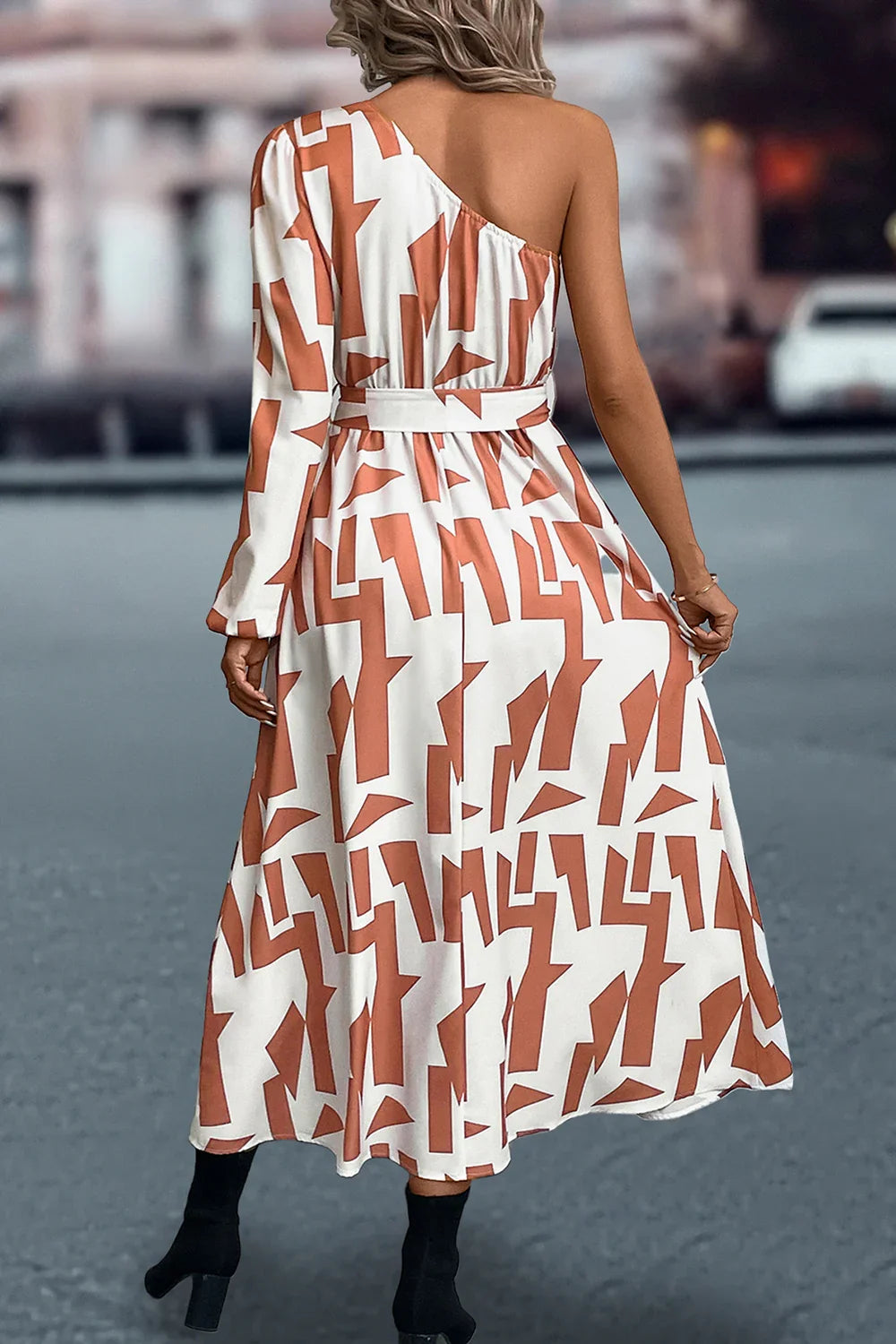 Printed One-Shoulder Tie Waist Dress - Southern Shores Clothing