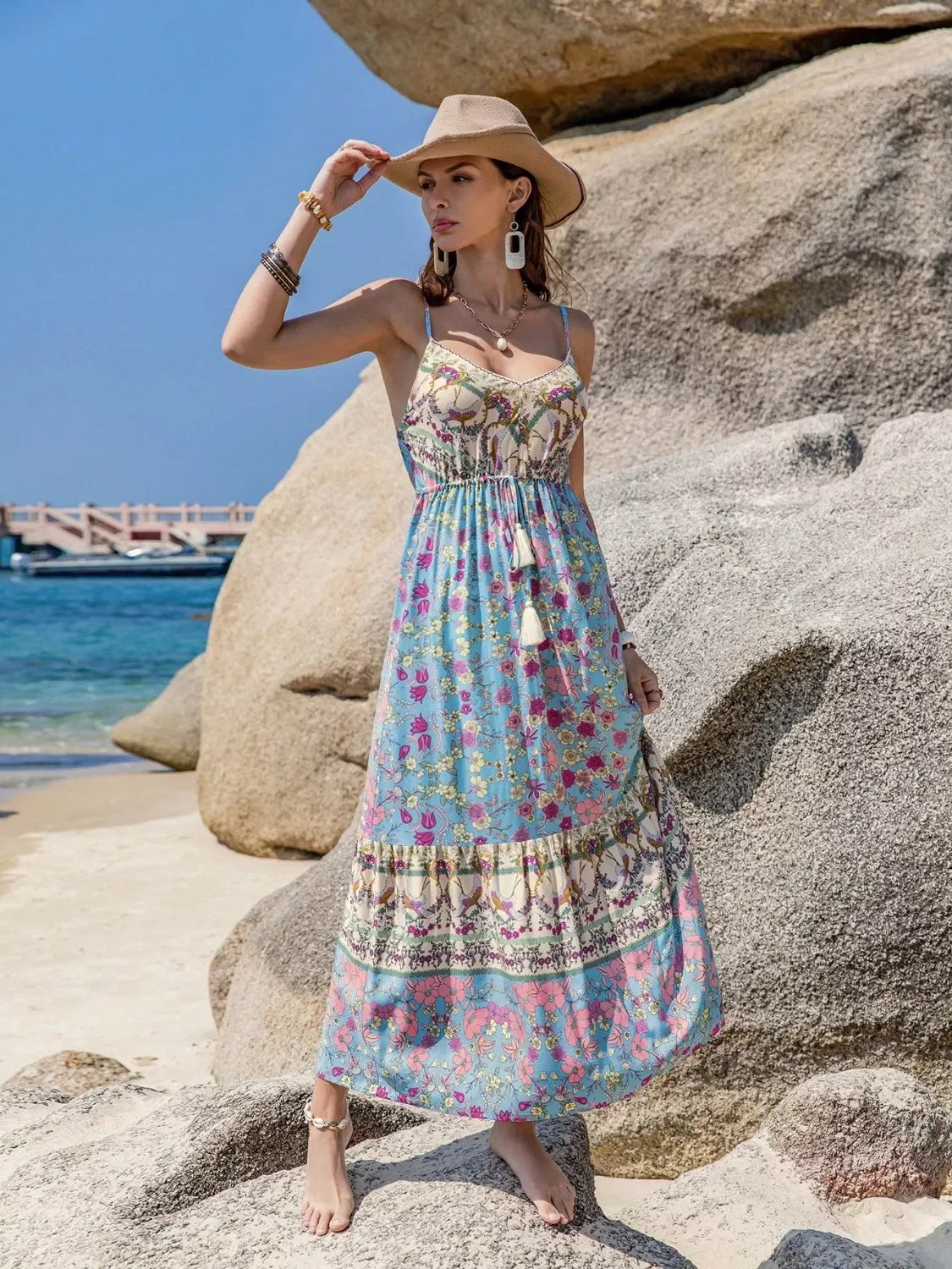 Tassel Floral Print Cami Dress Long Maxi Silhouette Style - Southern Shores Clothing