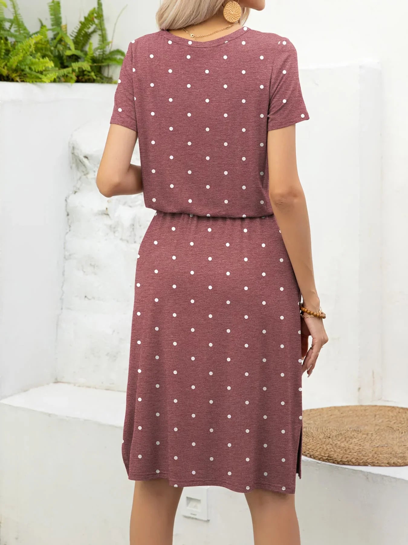 Round Neck Short Sleeve Slit Dress with Pockets - Southern Shores Clothing