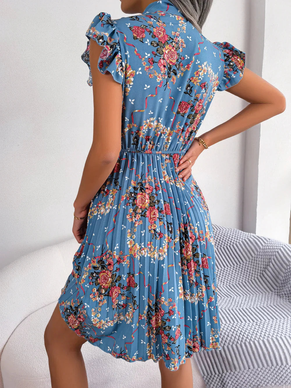 Pleated Floral Printed Tie Neck Knee Length Dress - Southern Shores Clothing