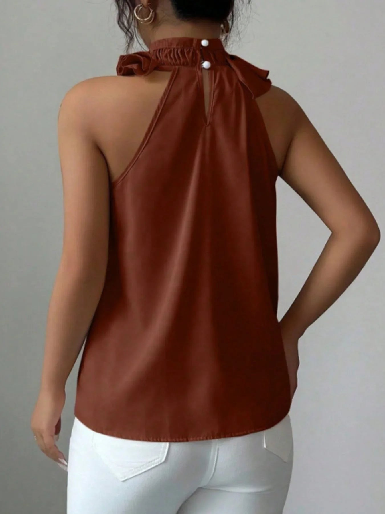 Ruffled High Neck Sleeveless Top With Draped Silhouette Detail - Southern Shores Clothing