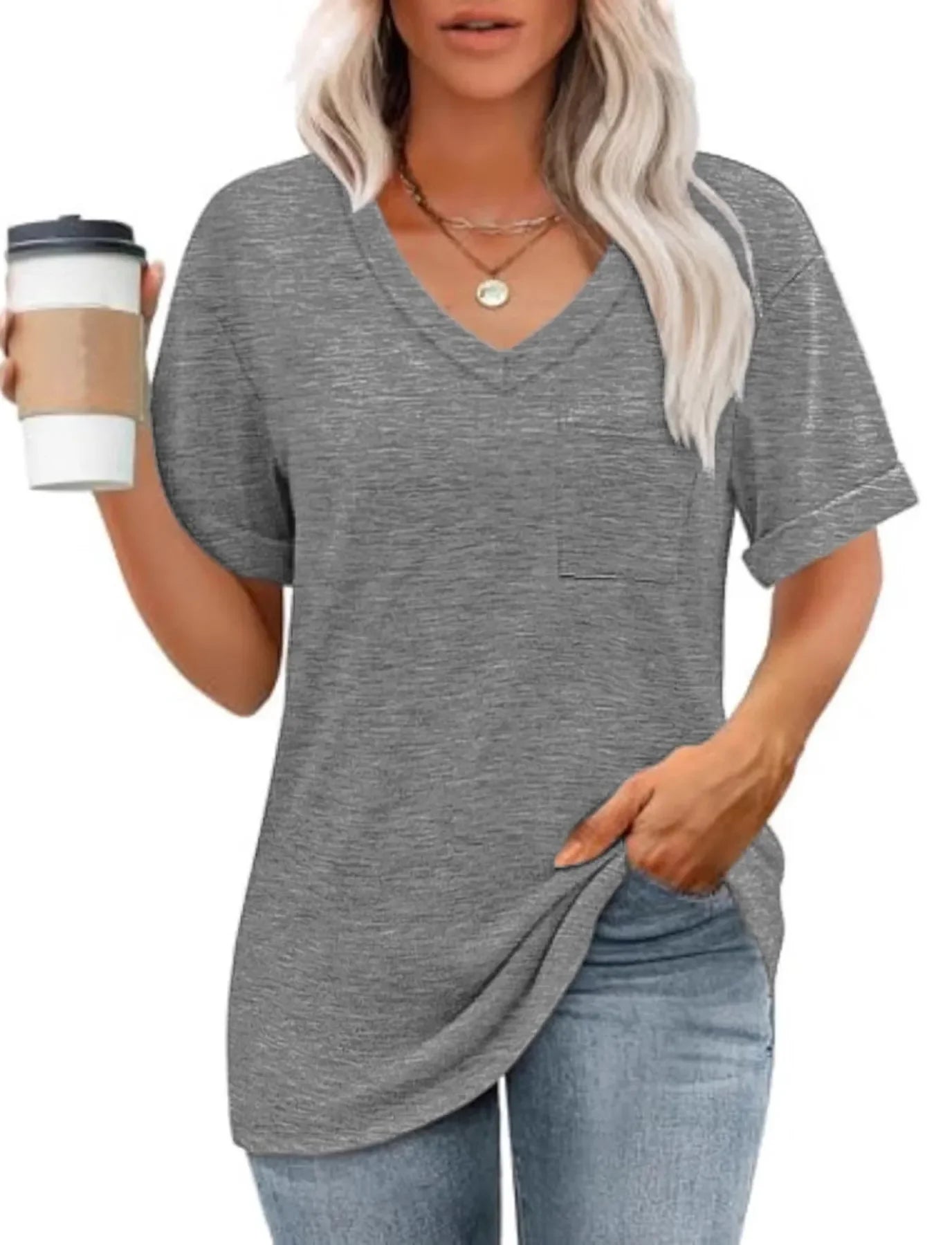 V-Neck Pocket T-Shirt With Stretch For Everyday Wear - Southern Shores Clothing