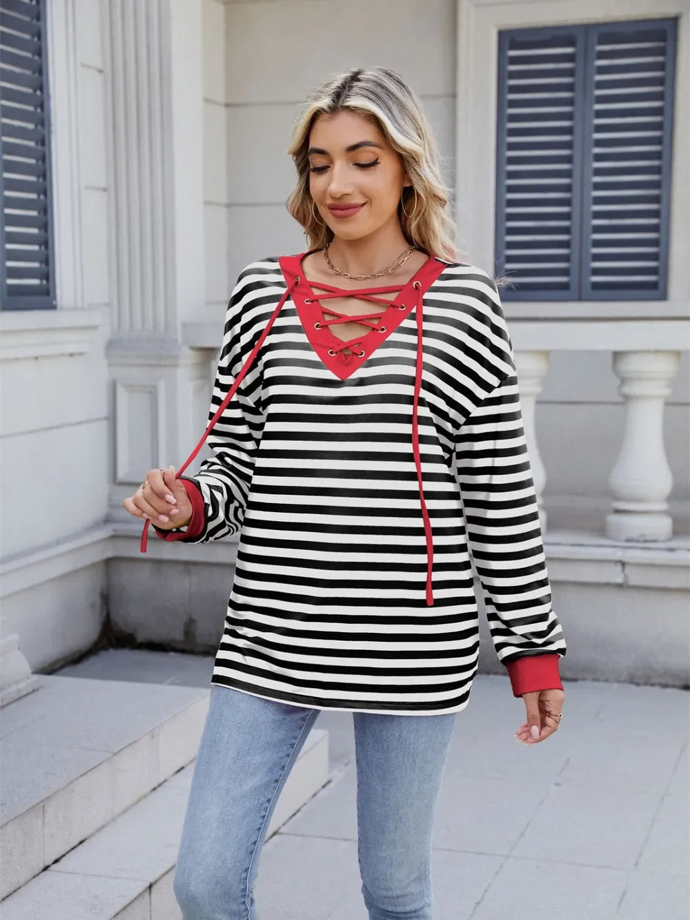 Lace-Up Striped Long Sleeve T-Shirt - Southern Shores Clothing
