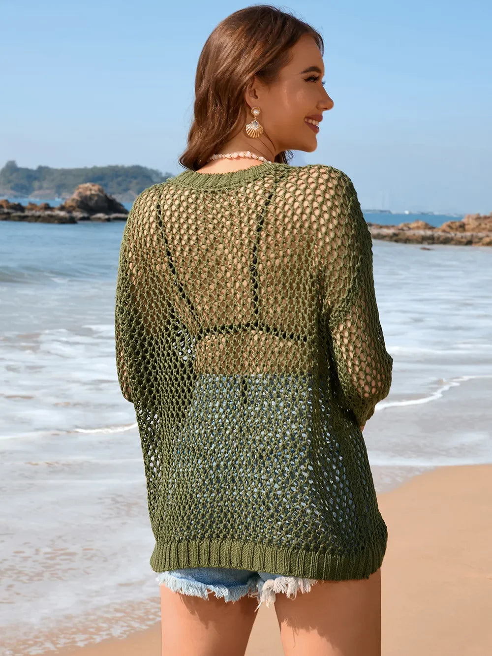 Heart Openwork Long Sleeve Acrylic Beach Cover Up - Southern Shores Clothing