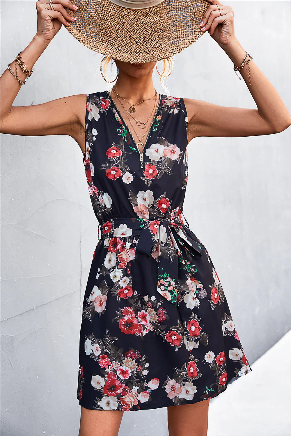 Printed Zip Detail Belted Sleeveless Dress - Southern Shores Clothing