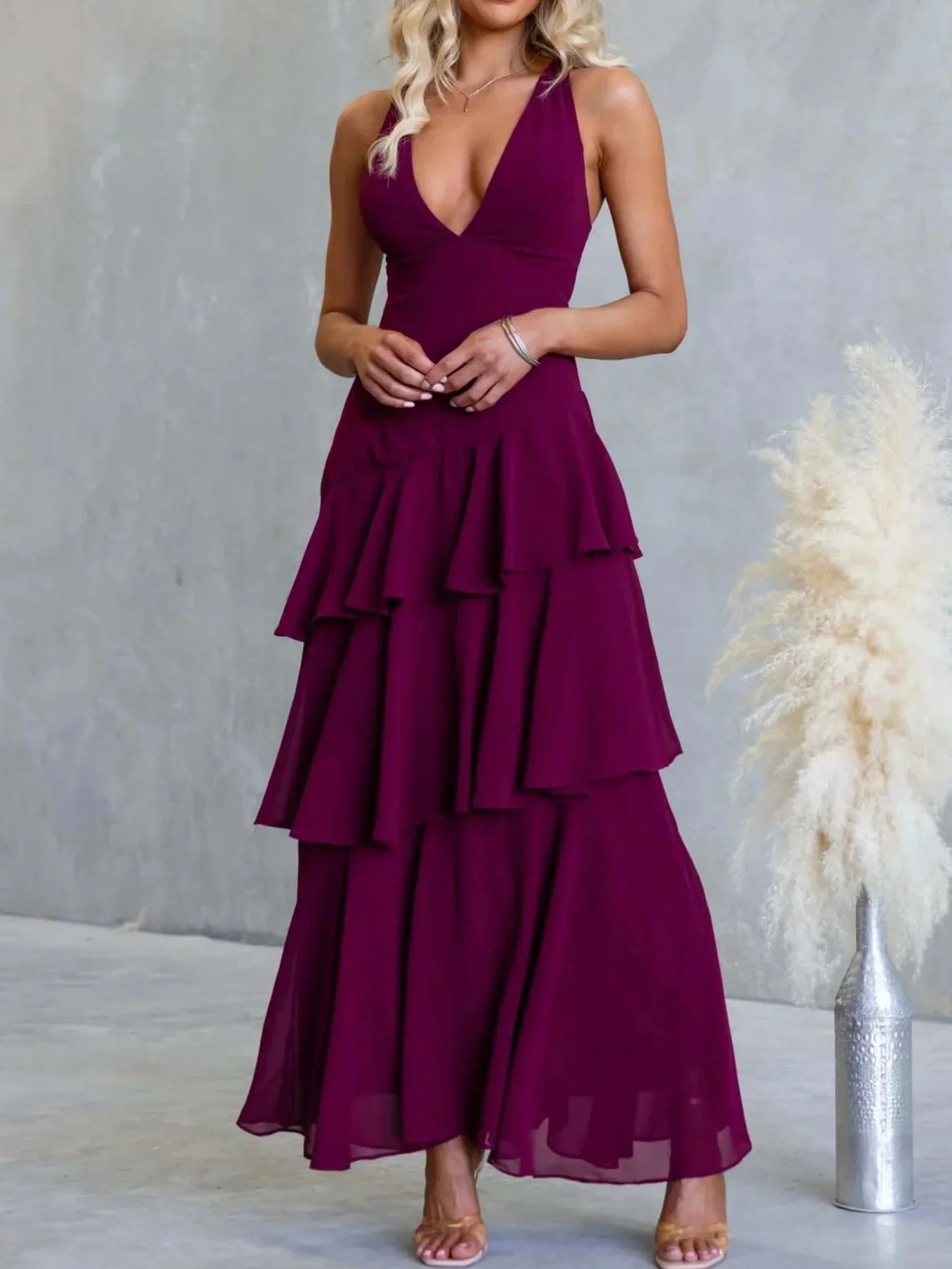 Sleeveless Ruffled Layered Backless Maxi Dress - Southern Shores Clothing