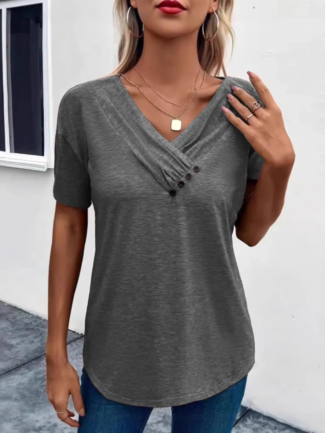 Ruched V-Neck Short Sleeve Basic Style T Shirt - Southern Shores Clothing