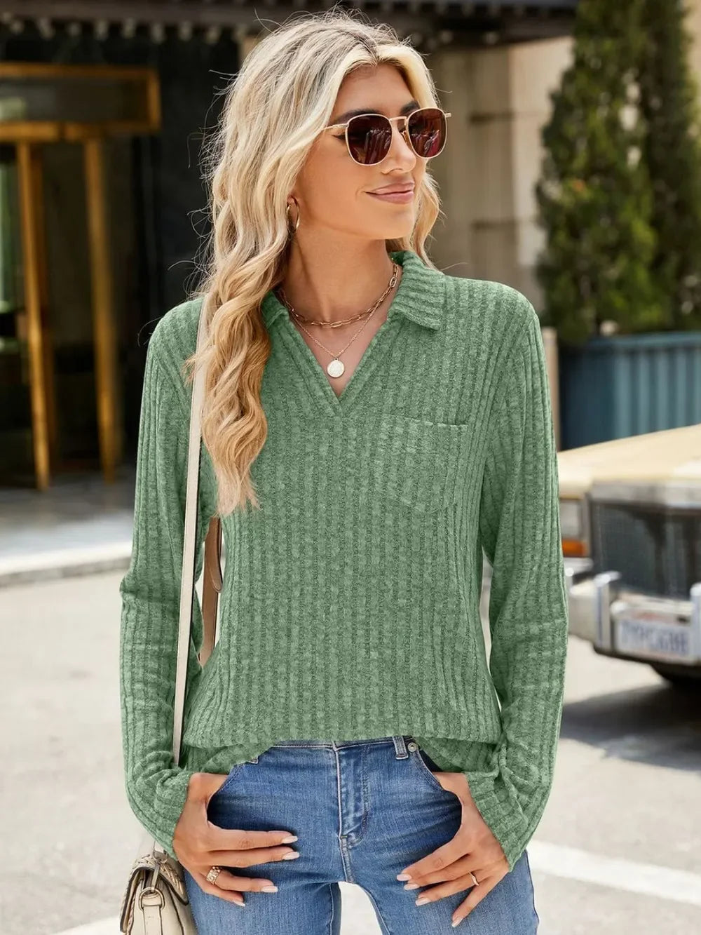 Ribbed Johnny Collar Pocketed Long Sleeve T Shirt - Southern Shores Clothing