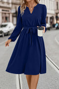 Tie Waist Notched Neck Long Sleeve Dress - Southern Shores Clothing