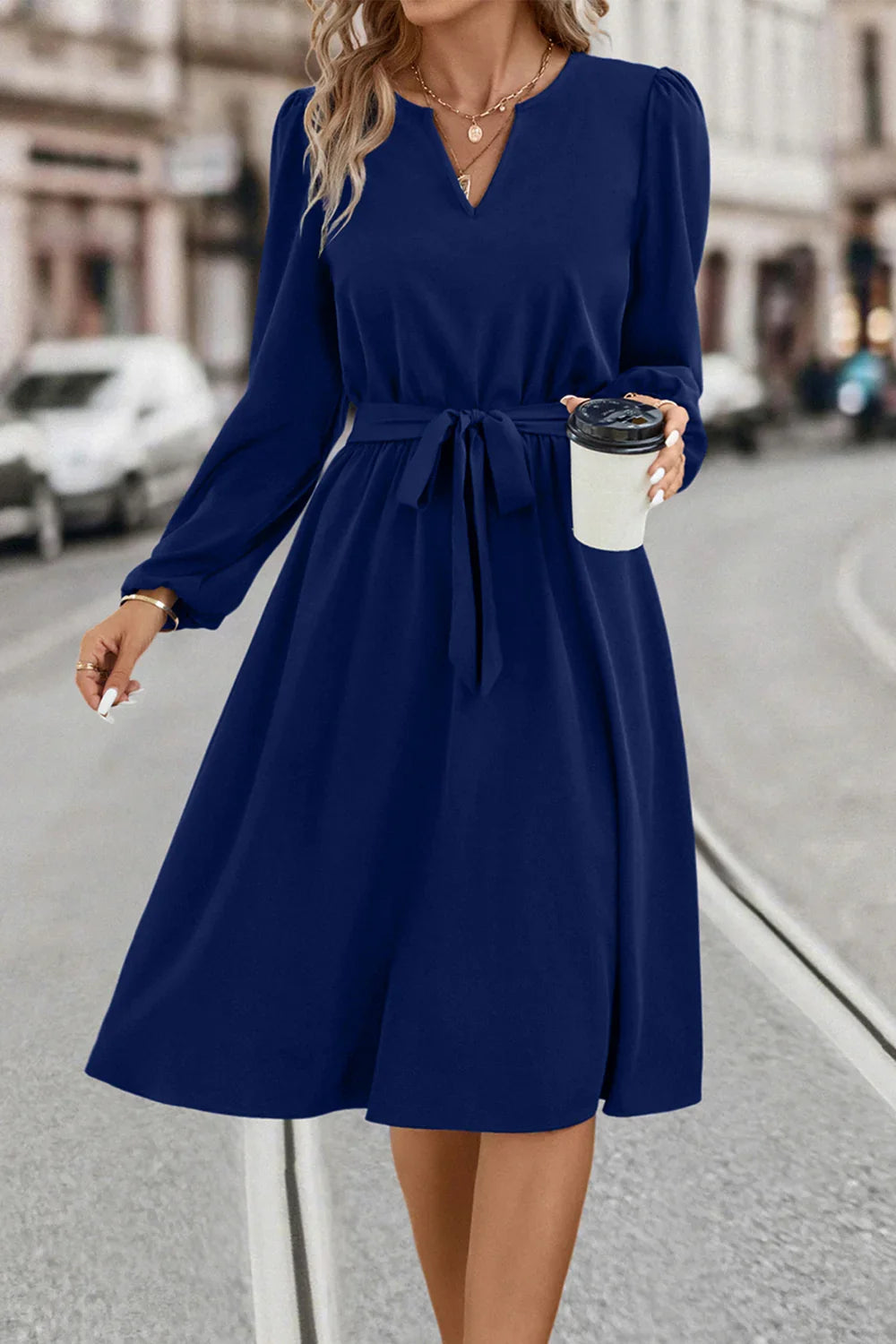 Tie Waist Notched Neck Long Sleeve Dress - Southern Shores Clothing
