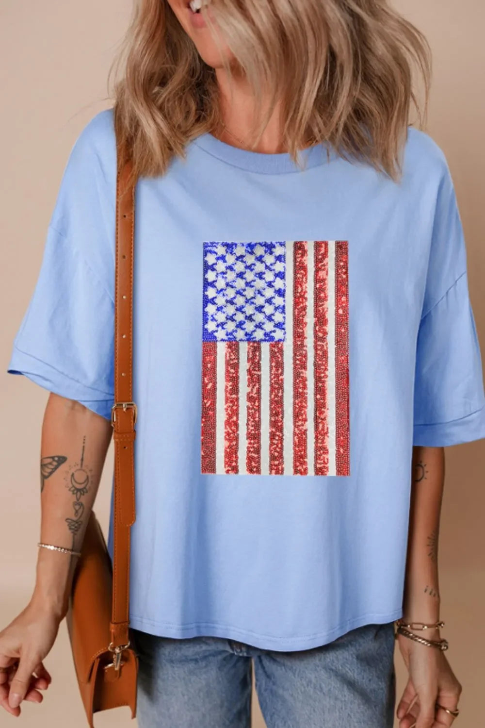 Sequined American Flag Dropped Shoulder T Shirt - Southern Shores Clothing