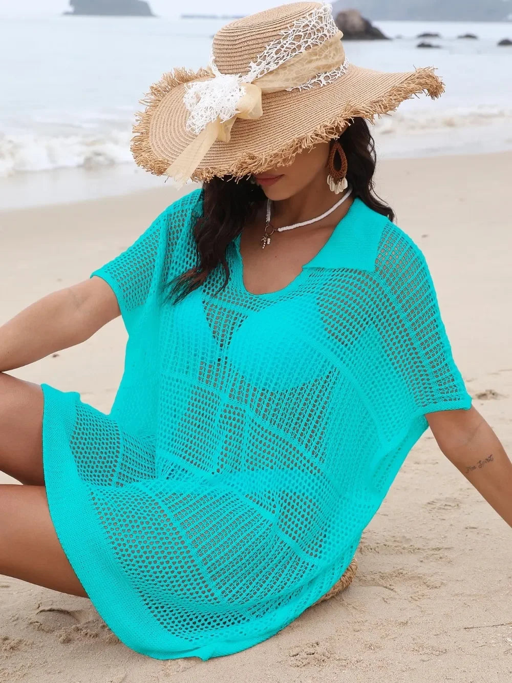 One Size Sheer Hollow Out Collared Neck Cover Up - Southern Shores Clothing
