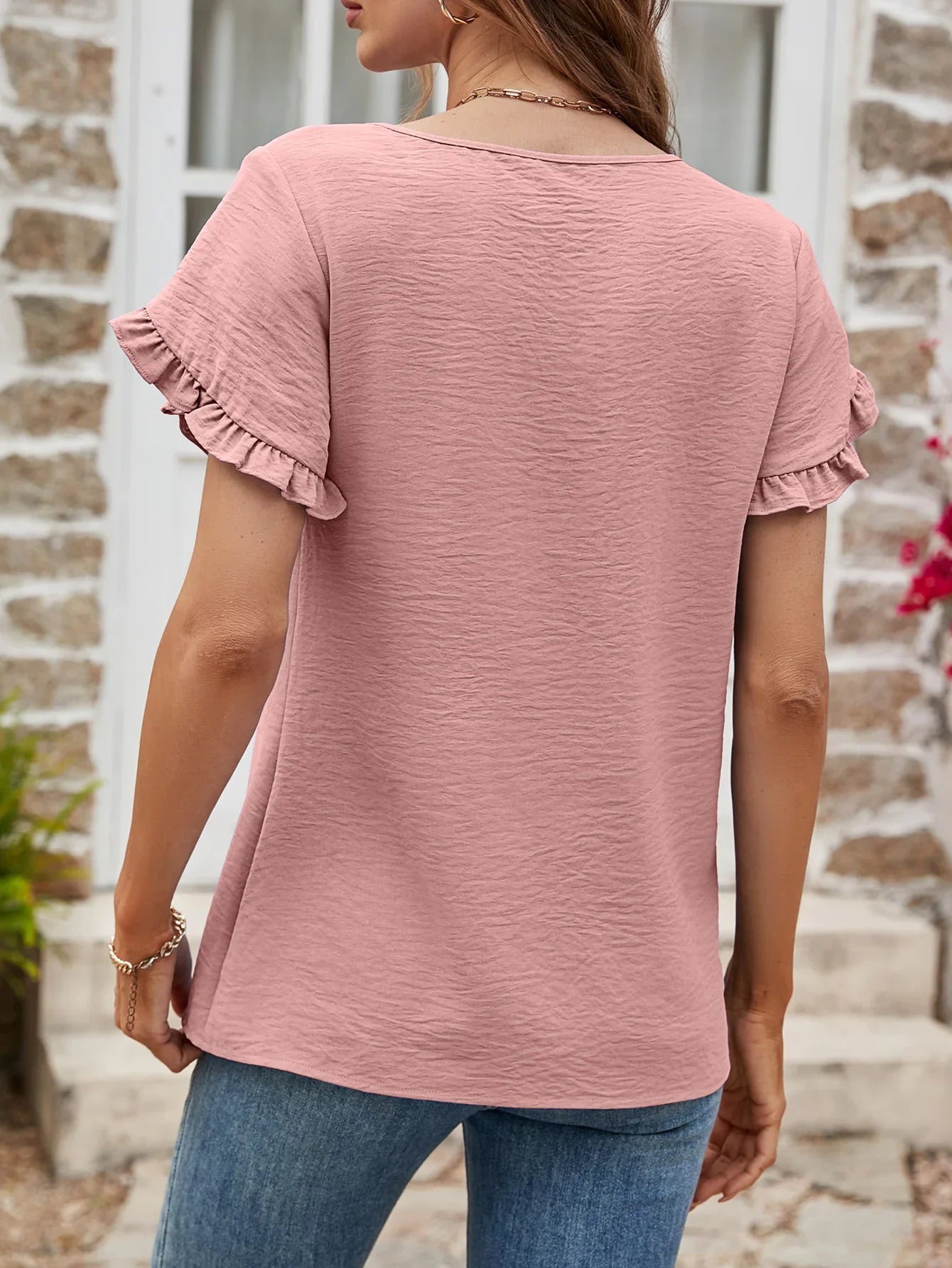 Textured Petal Sleeve Round Neck Tee Polyester - Southern Shores Clothing