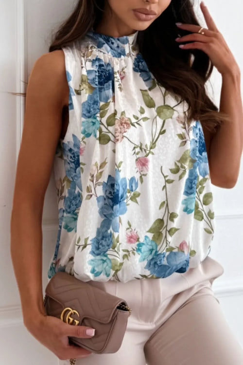 Floral Mock Neck Sleeveless Polyester Blouse - Southern Shores Clothing