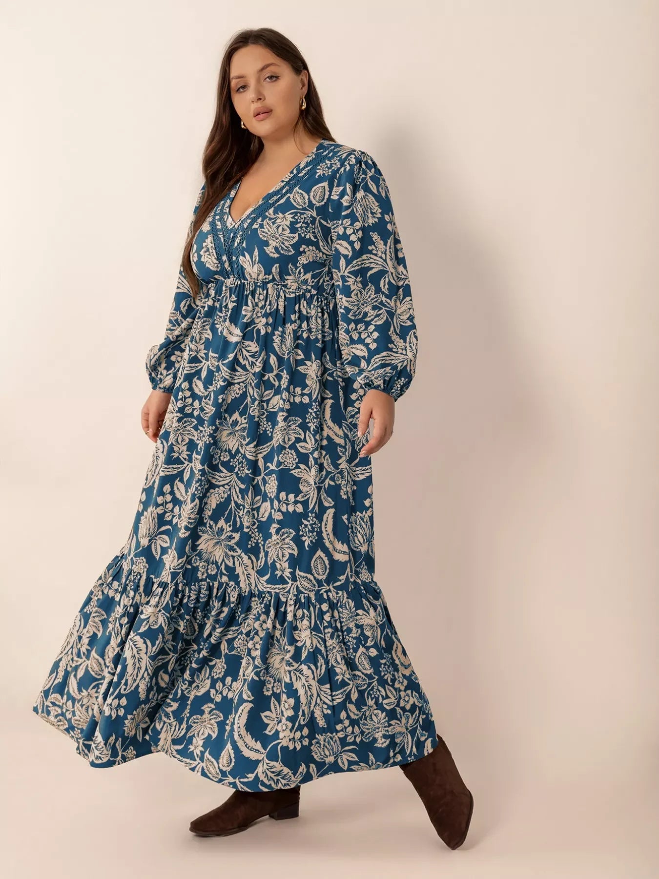 Plus Size Boho Floral Print Long Sleeve Maxi Dress - Southern Shores Clothing