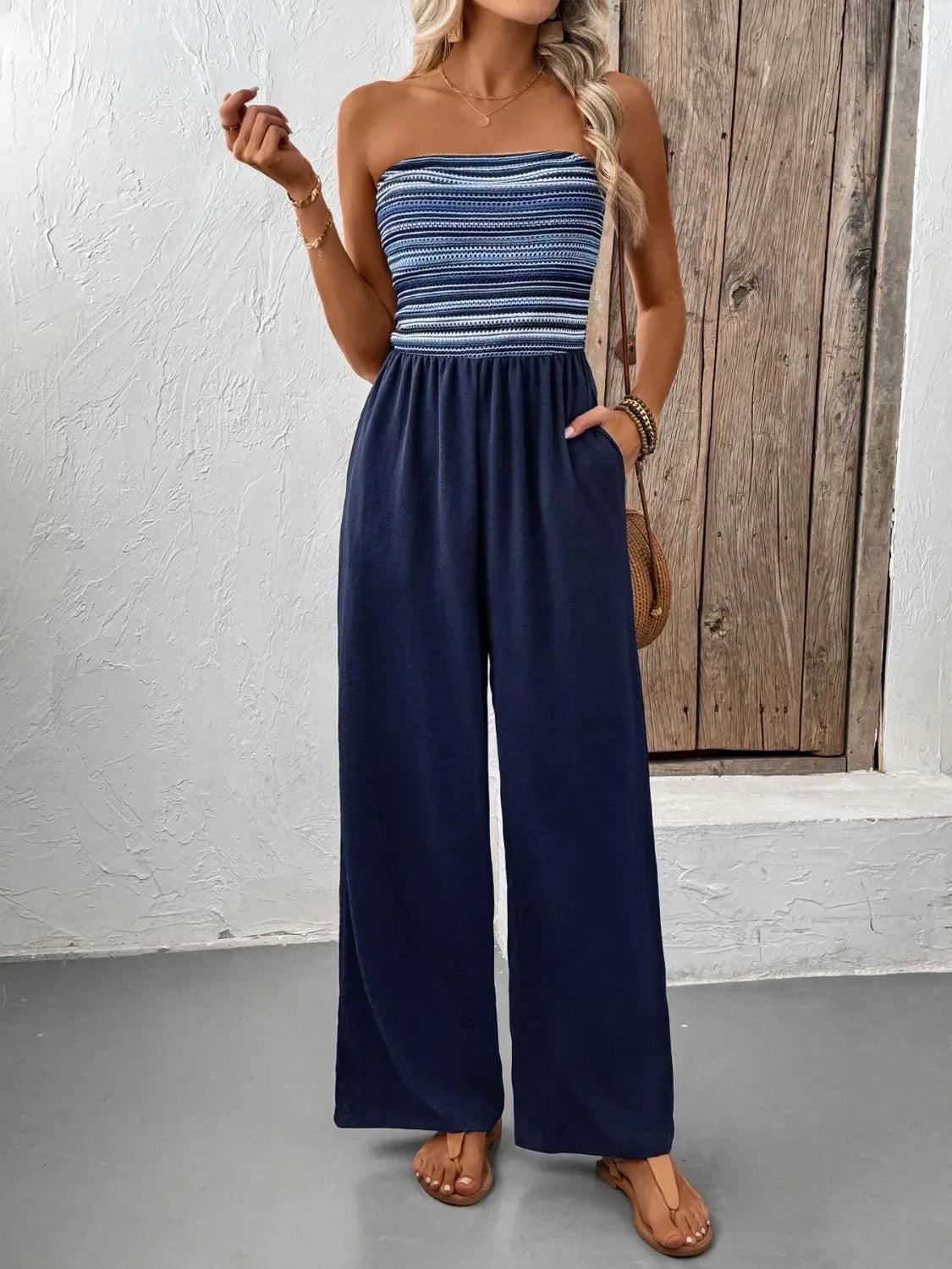 Tube Wide Leg Jumpsuit With Pockets Machine Washable - Southern Shores Clothing