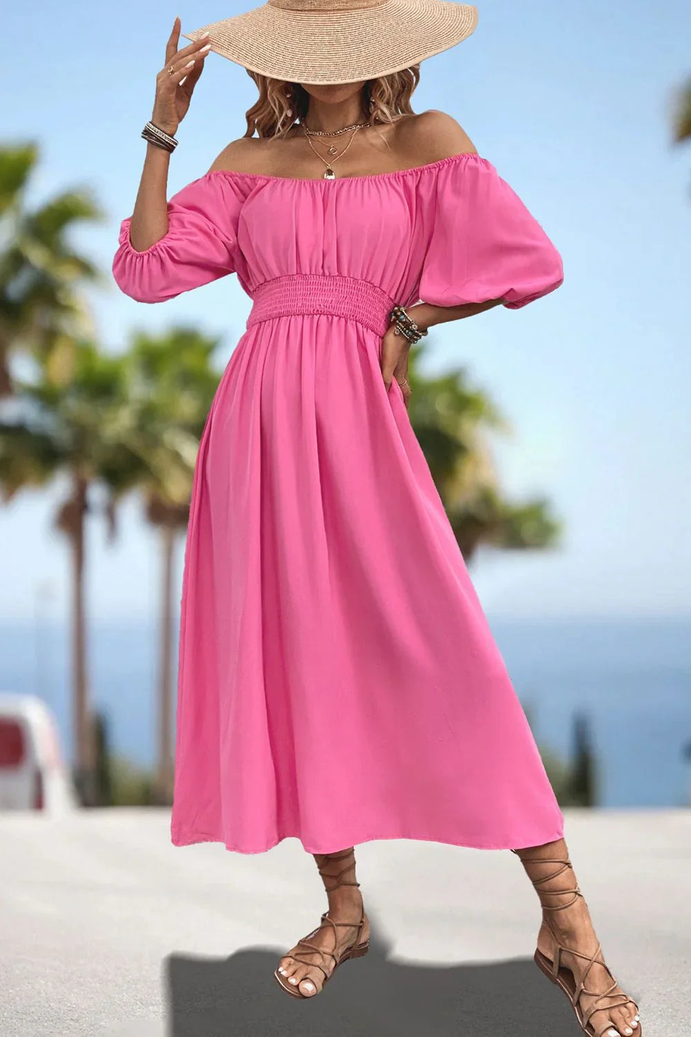 Square Neck Smocked Waist Puff Sleeve Midi Dress - Southern Shores Clothing