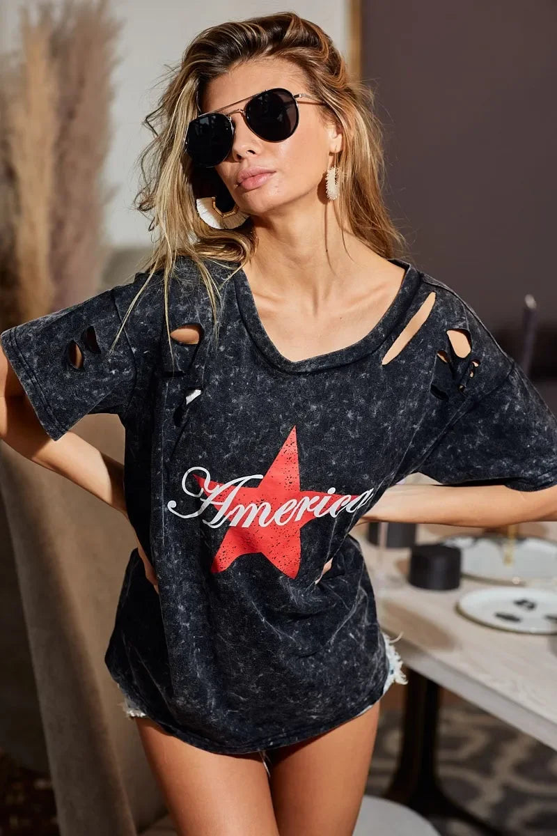 Laser Cut Mineral Washed Jersey T Shirt Americana Design - Southern Shores Clothing