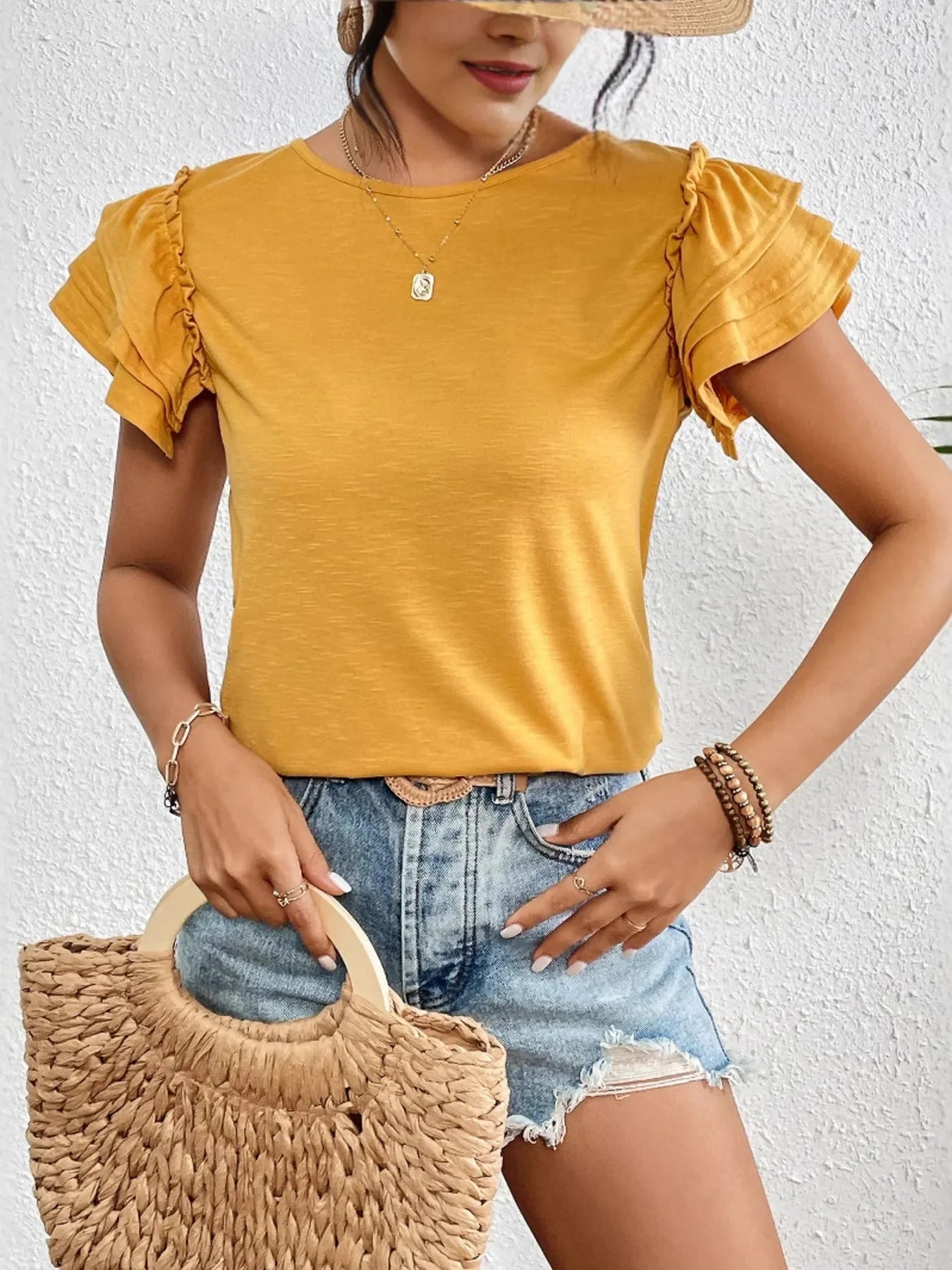 Ruffle Sleeve Round Neck Top With Layered Design - Southern Shores Clothing