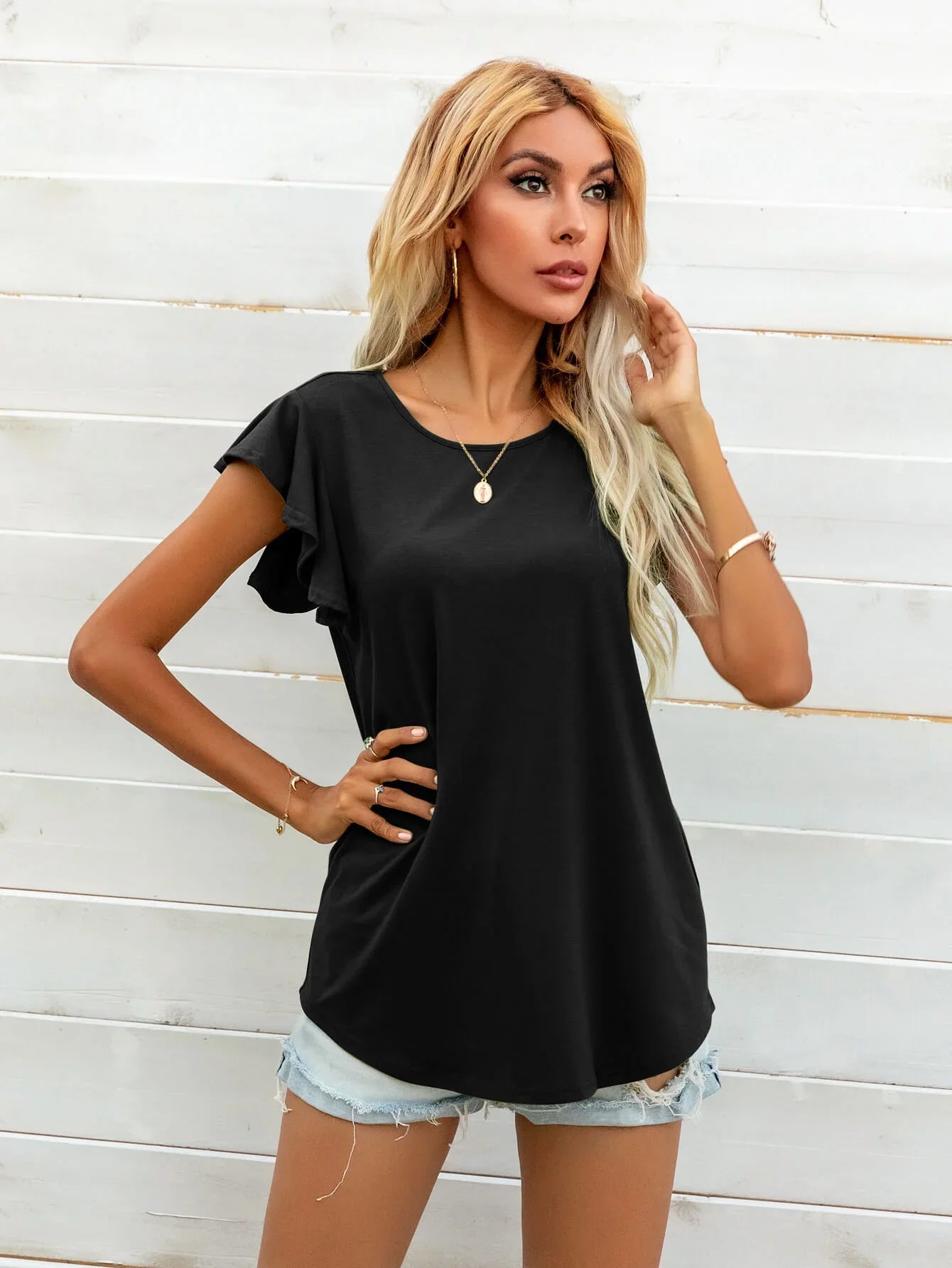 Round Neck Butterfly Sleeve Printed Stretch T Shirt - Southern Shores Clothing