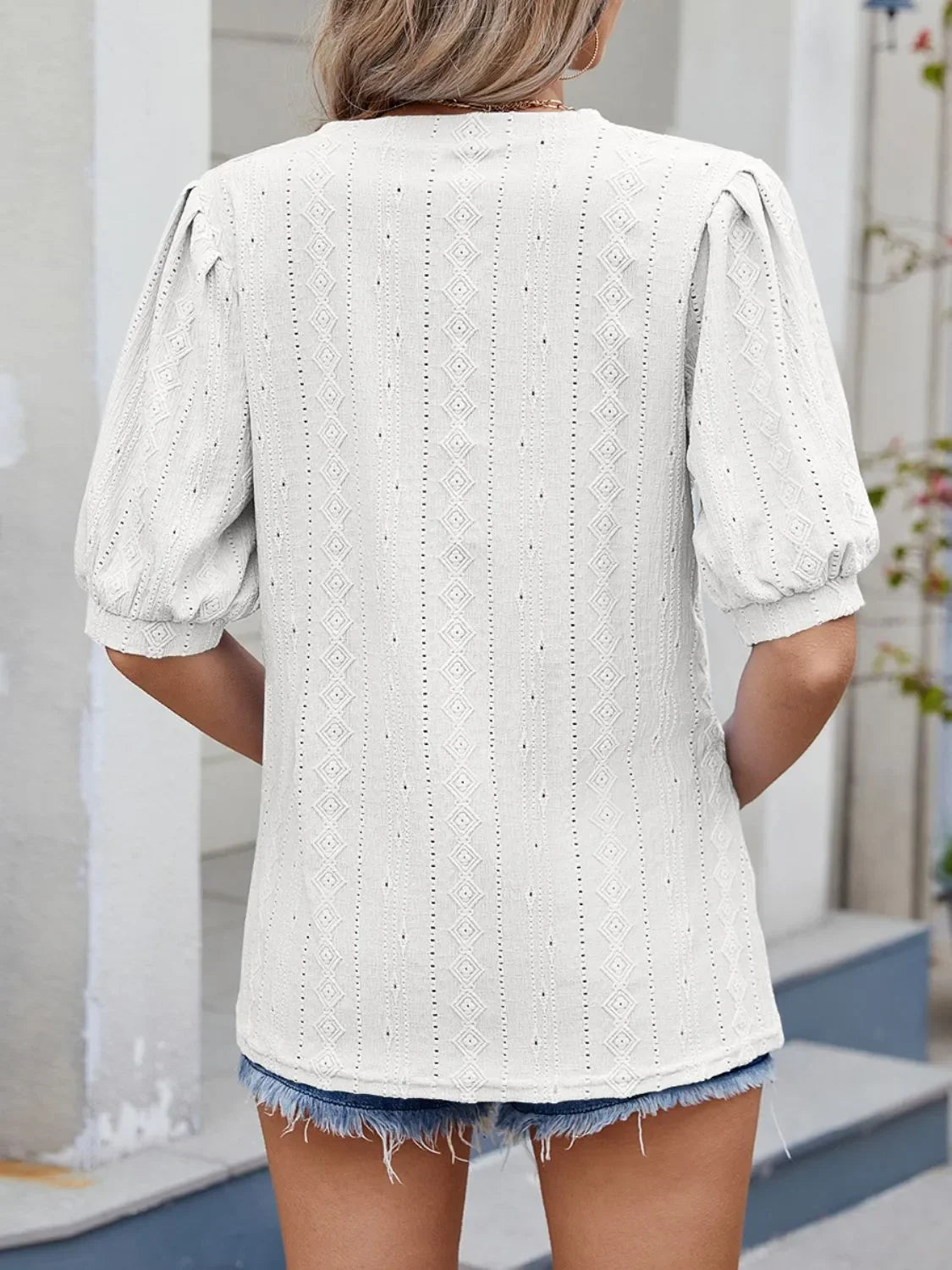 Puff Sleeve V-Neck Eyelet Lace Stretch T Shirt - Southern Shores Clothing
