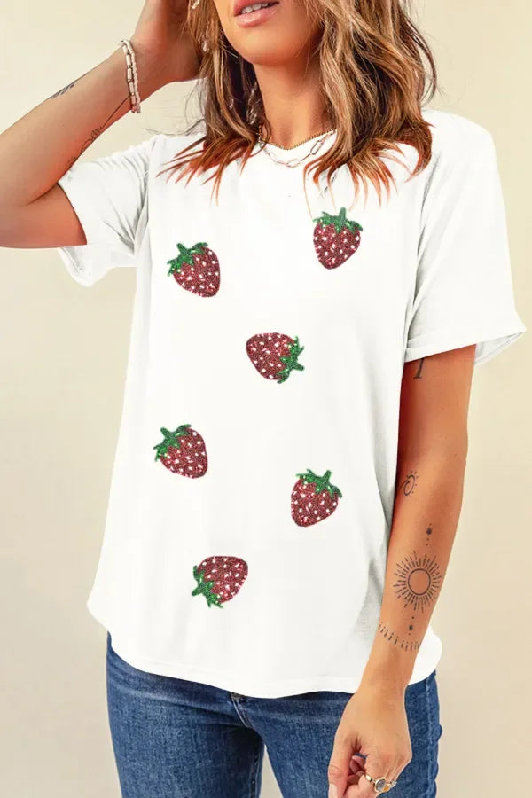 Sequin Strawberry Crew Neck Short Sleeve T Shirt - Southern Shores Clothing
