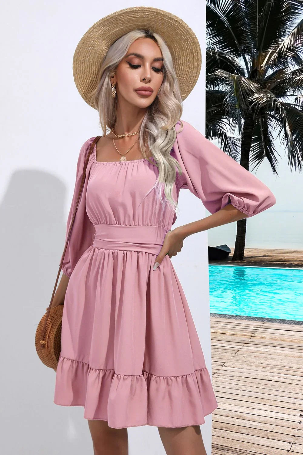 Square Neck Tie Back Ruffle Hem Dress Coastal Casual - Southern Shores Clothing