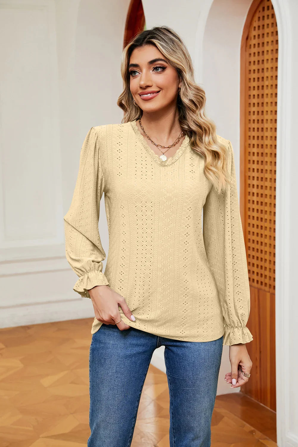 Southern Shores V-Neck Flounce Sleeve Lace Blouse In Stretch Rayon Blend Fabric For Versatile Wear - Southern Shores Clothing