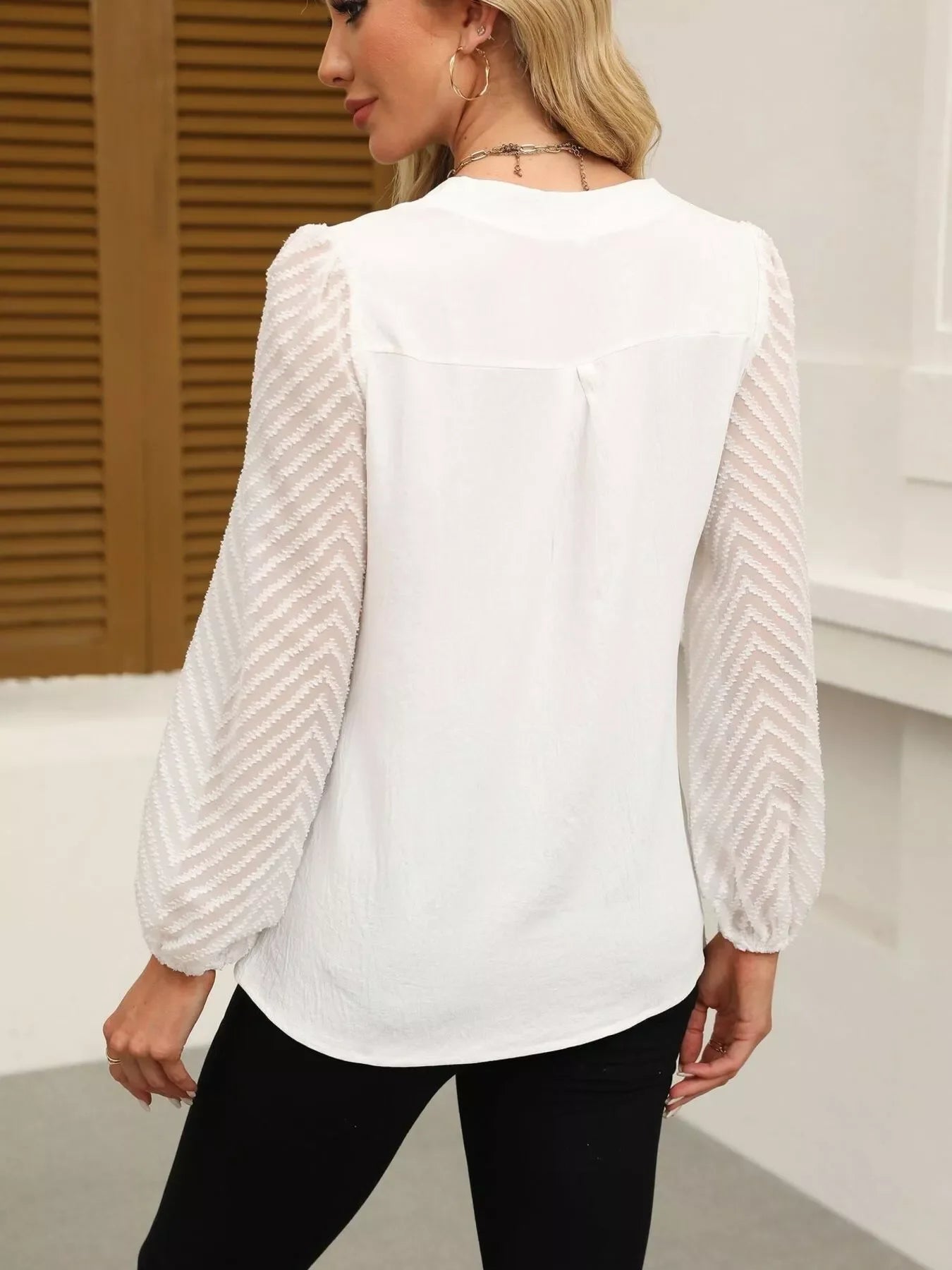 Notched Balloon Sleeve Polyester Blouse Effortless Style - Southern Shores Clothing