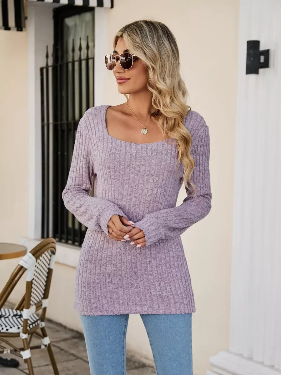 Ribbed Square Neck Long Sleeve Stretch T Shirt - Southern Shores Clothing