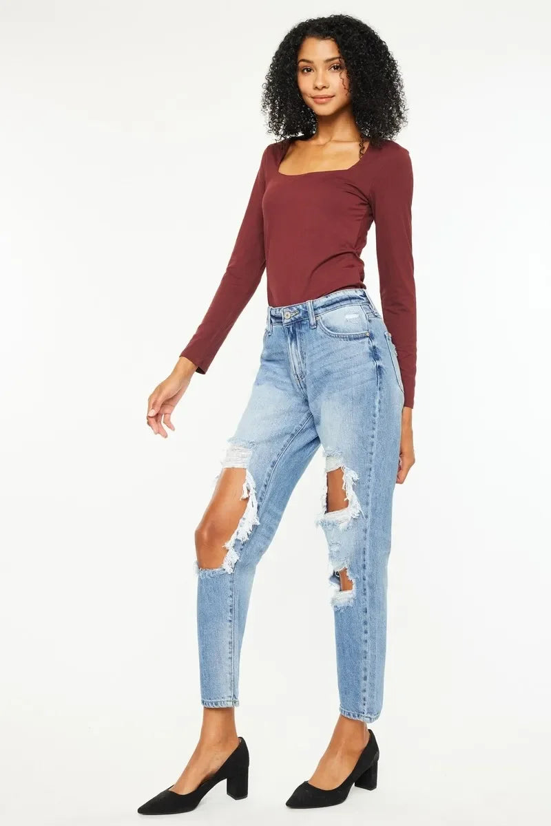 High Rise Distressed Boyfriend Jeans Stretch Denim - Southern Shores Clothing
