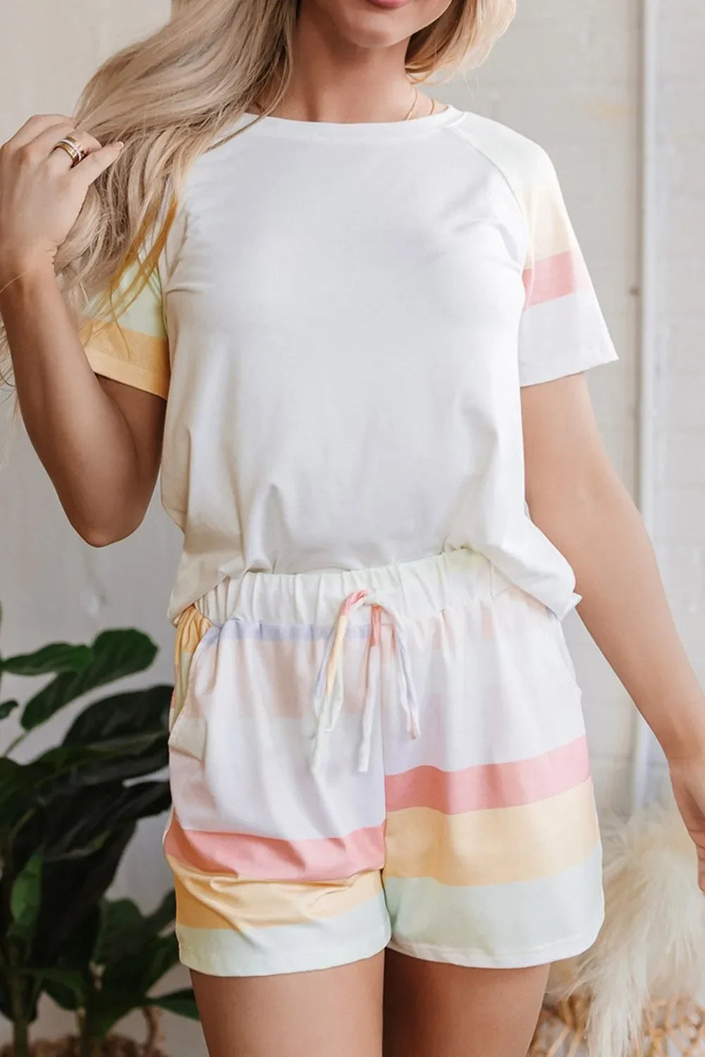 Striped Round Neck T Shirt And Shorts Lounge Set - Southern Shores Clothing
