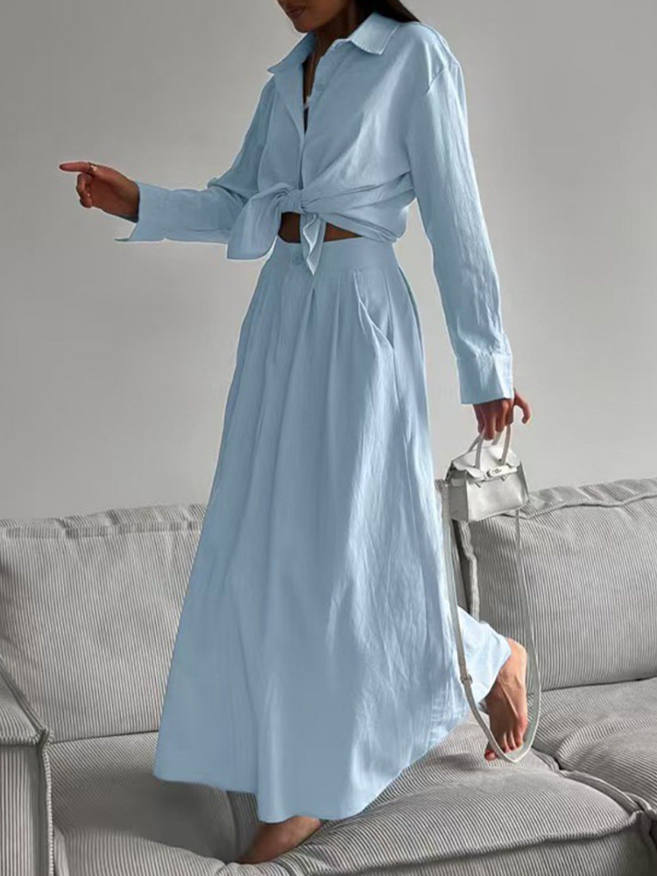 Tie-Front Shirt And Maxi Skirt Two Piece Set