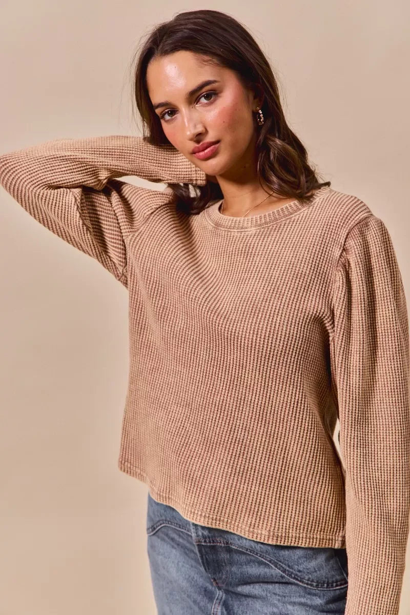 Mineral Washed Waffle Top With Puff Sleeves - Southern Shores Clothing
