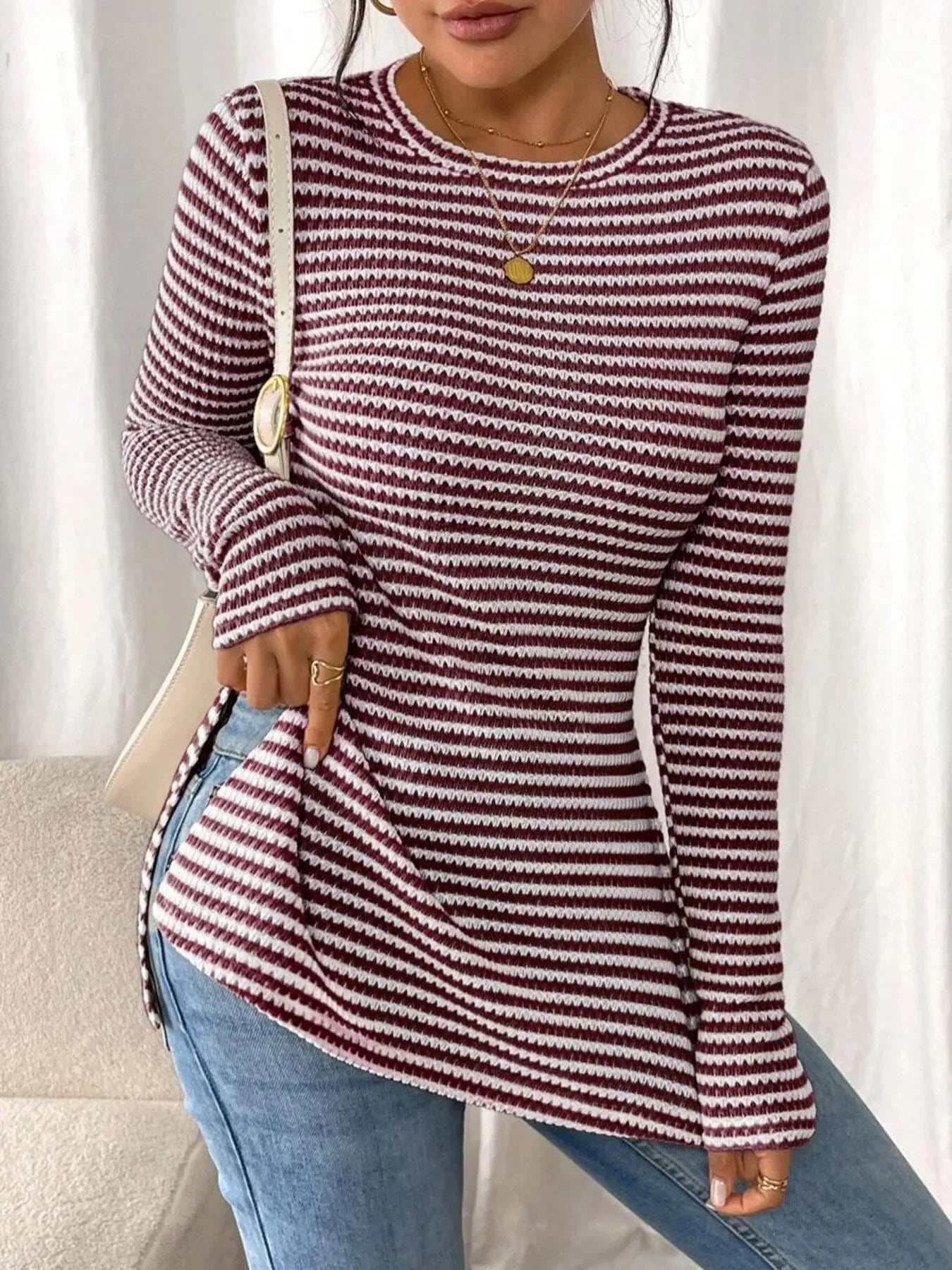 Side Slit Striped Long Sleeve T-Shirt - Southern Shores Clothing