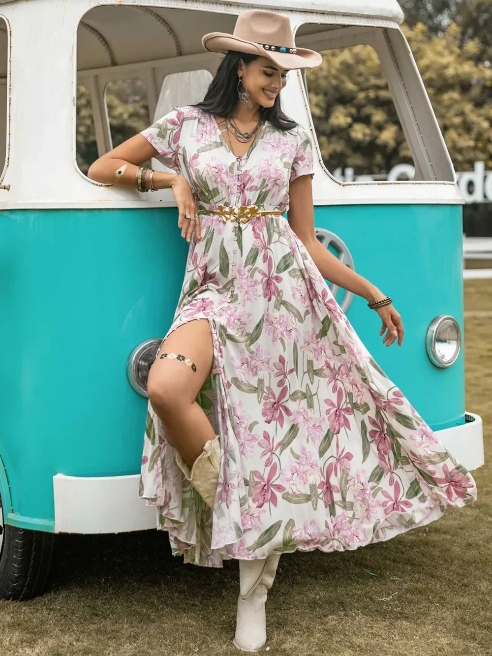 Casual Floral V Neck Slit Dress With Pockets - Southern Shores Clothing