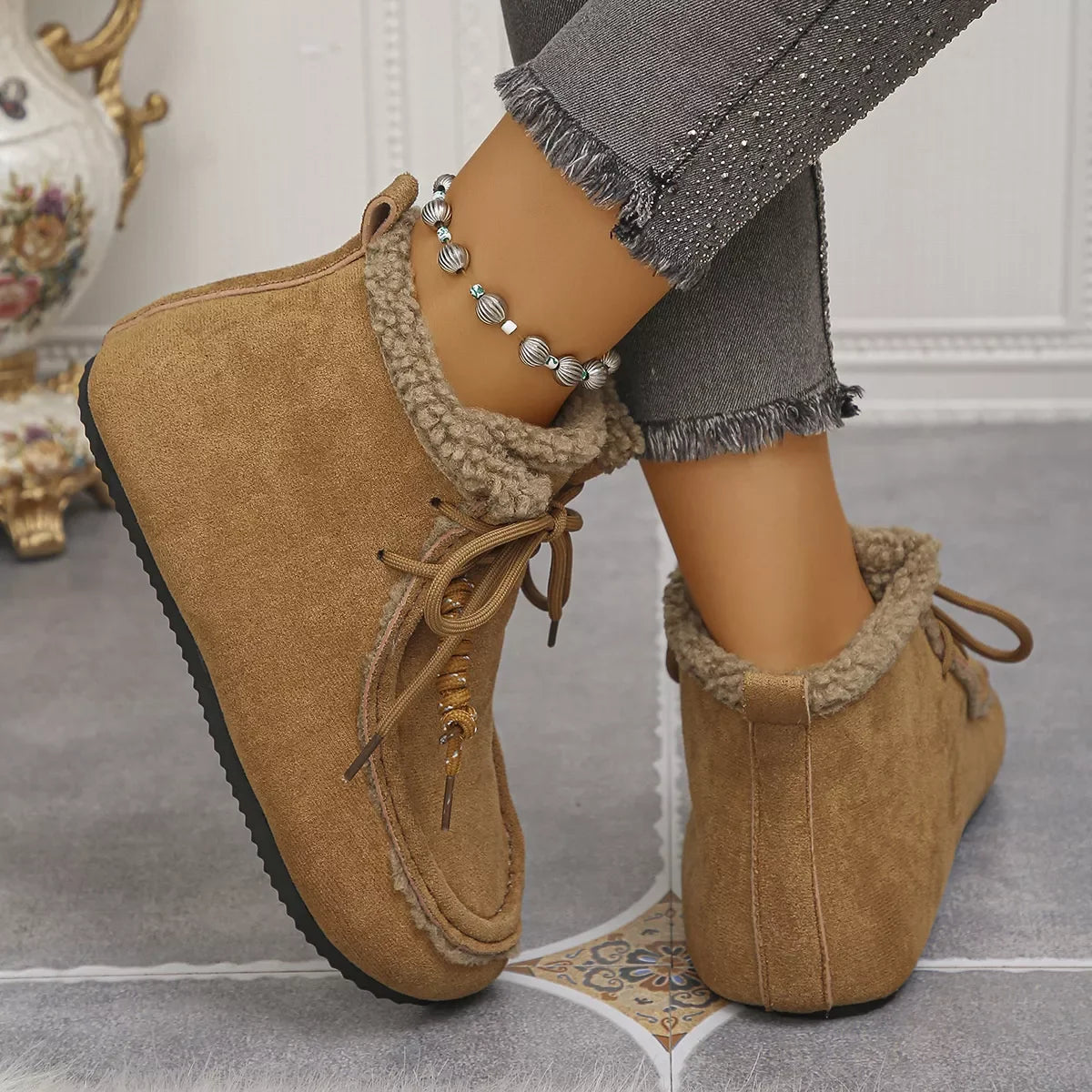 Plush Lined Fluff Suede Ankle Boots With Flat Heel - Southern Shores Clothing