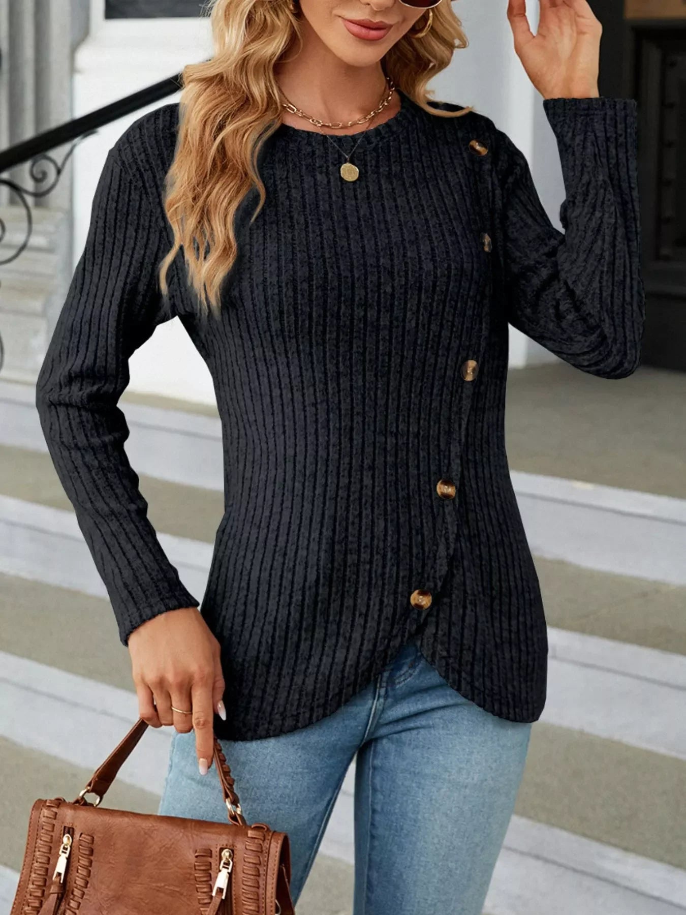 Ribbed Knit Decor Button T-Shirt - Southern Shores Clothing