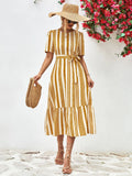 Striped Tie Belt Round Neck Puff Sleeve Dress - Southern Shores Clothing