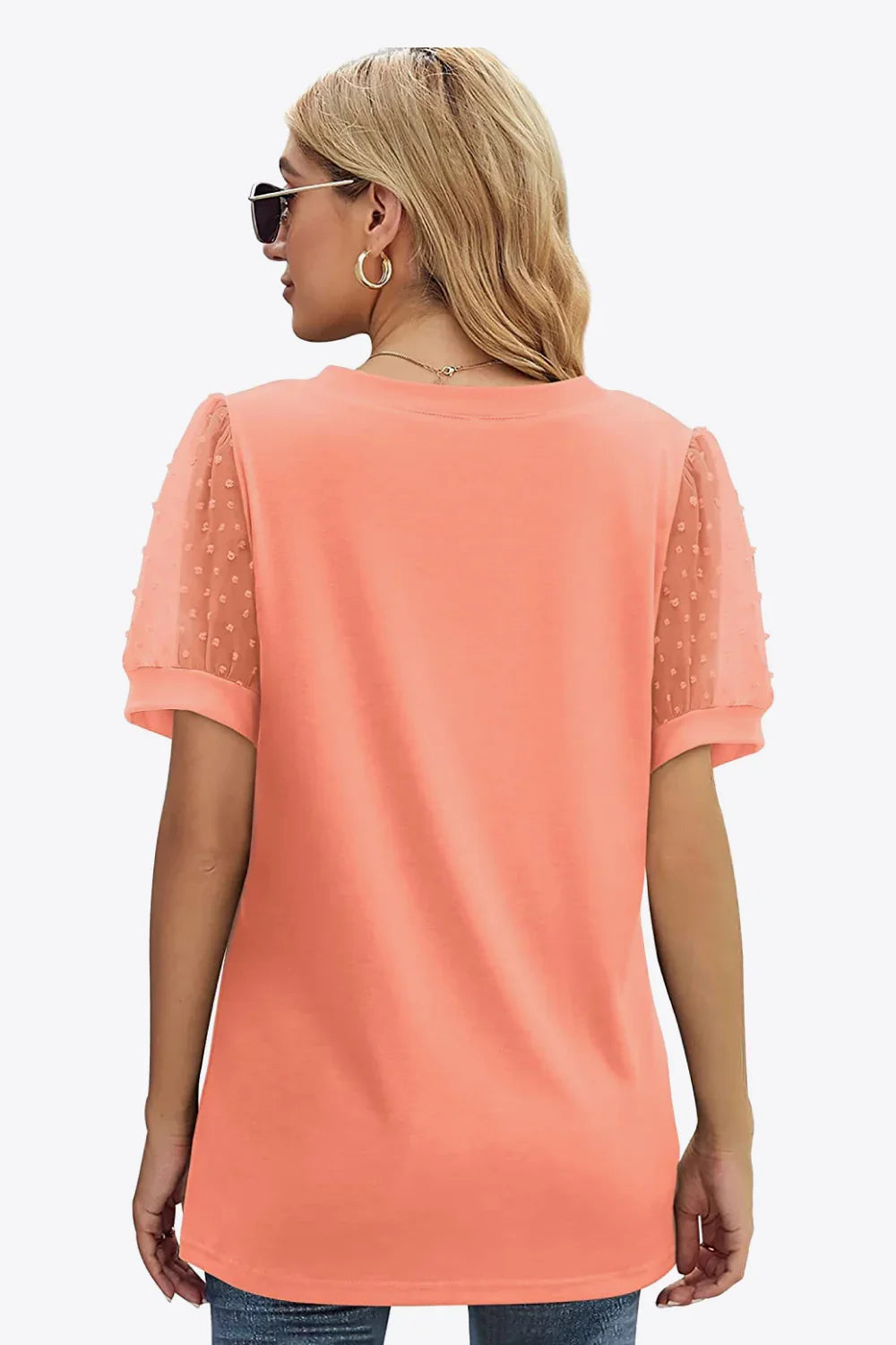 Swiss Dot Puff Sleeve V-Neck Tee With Dot Detailing - Southern Shores Clothing