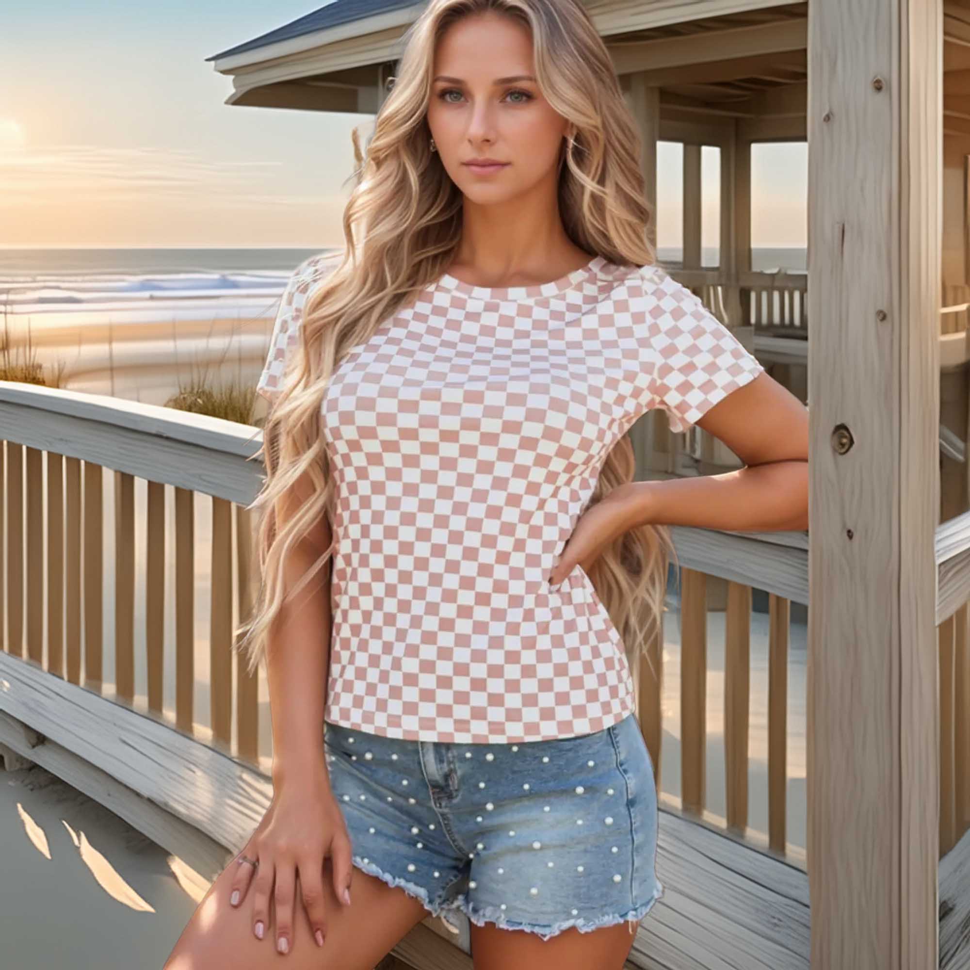 Checkered Ribbed Slim Fit Crew Neck T Shirt