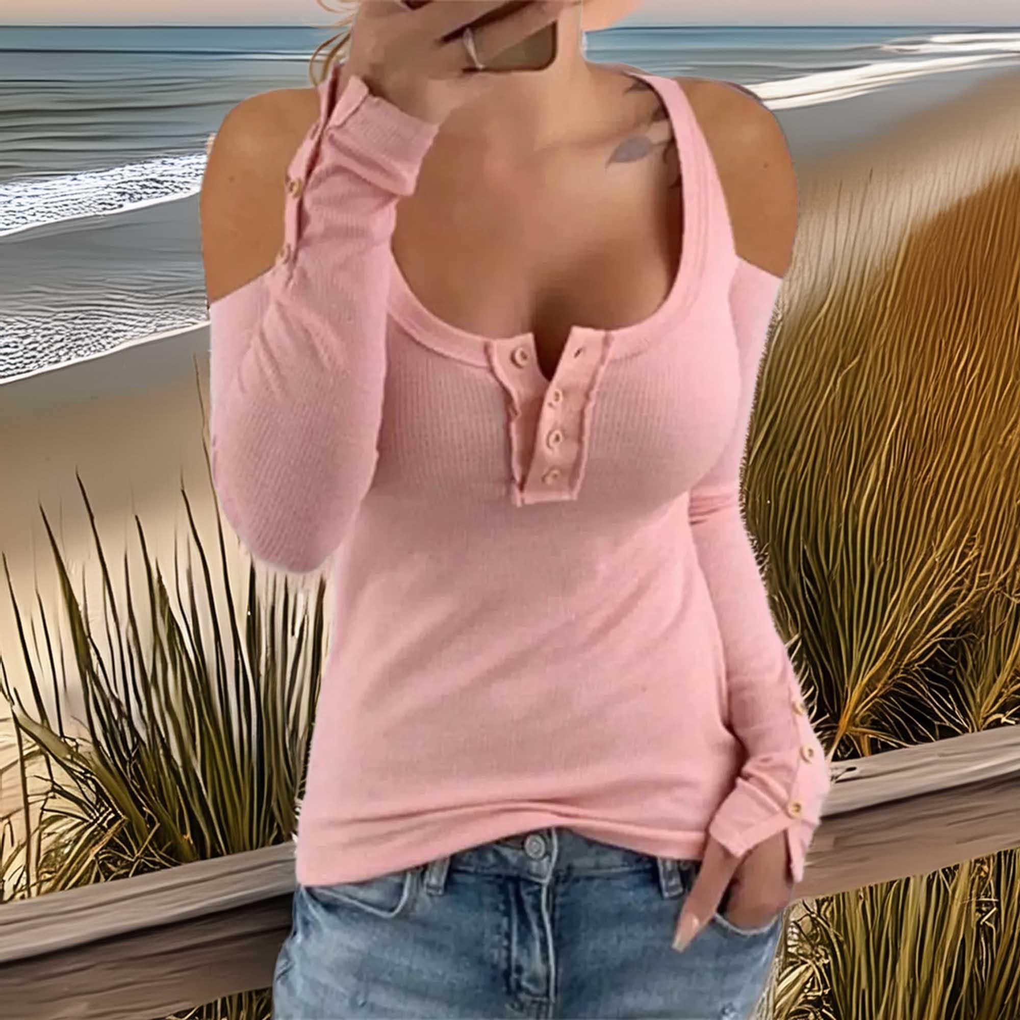 Cold Shoulder Ribbed Henley Tee With Button Detail - Southern Shores Clothing