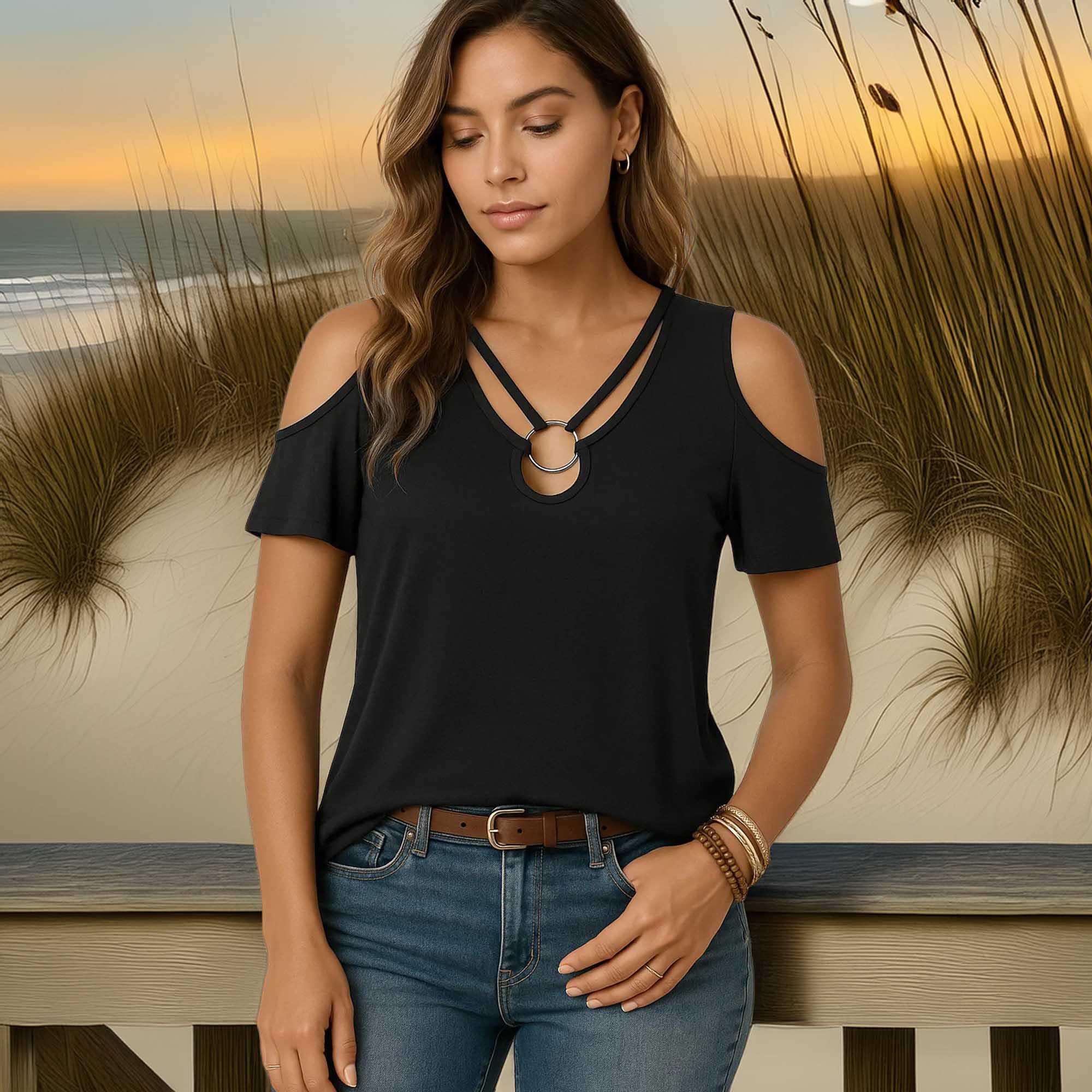 Stretch Cold Shoulder Tee With Metal Ring Detail - Southern Shores Clothing