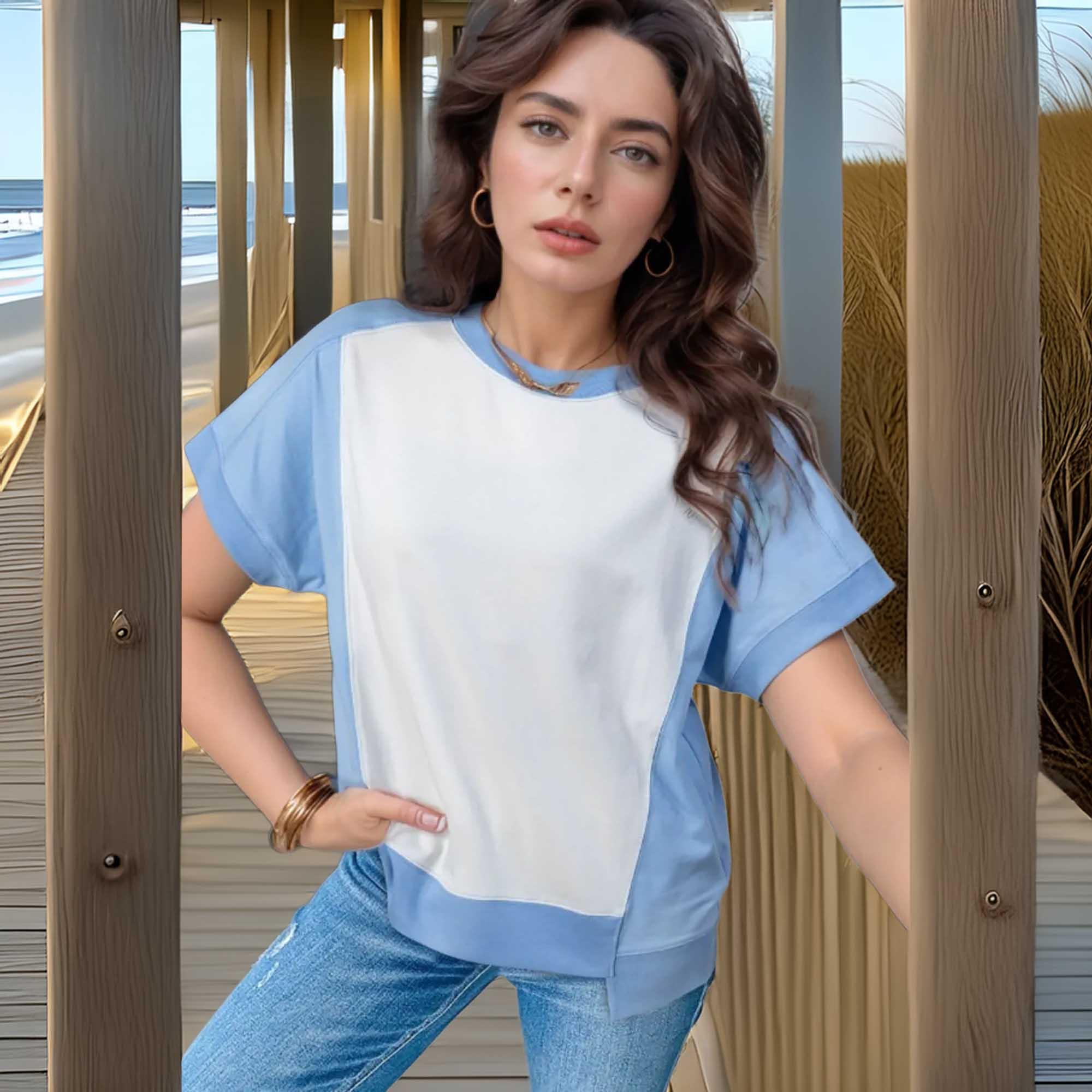 Block Exposed Seam Crew Neck T Shirt Casual - Southern Shores Clothing