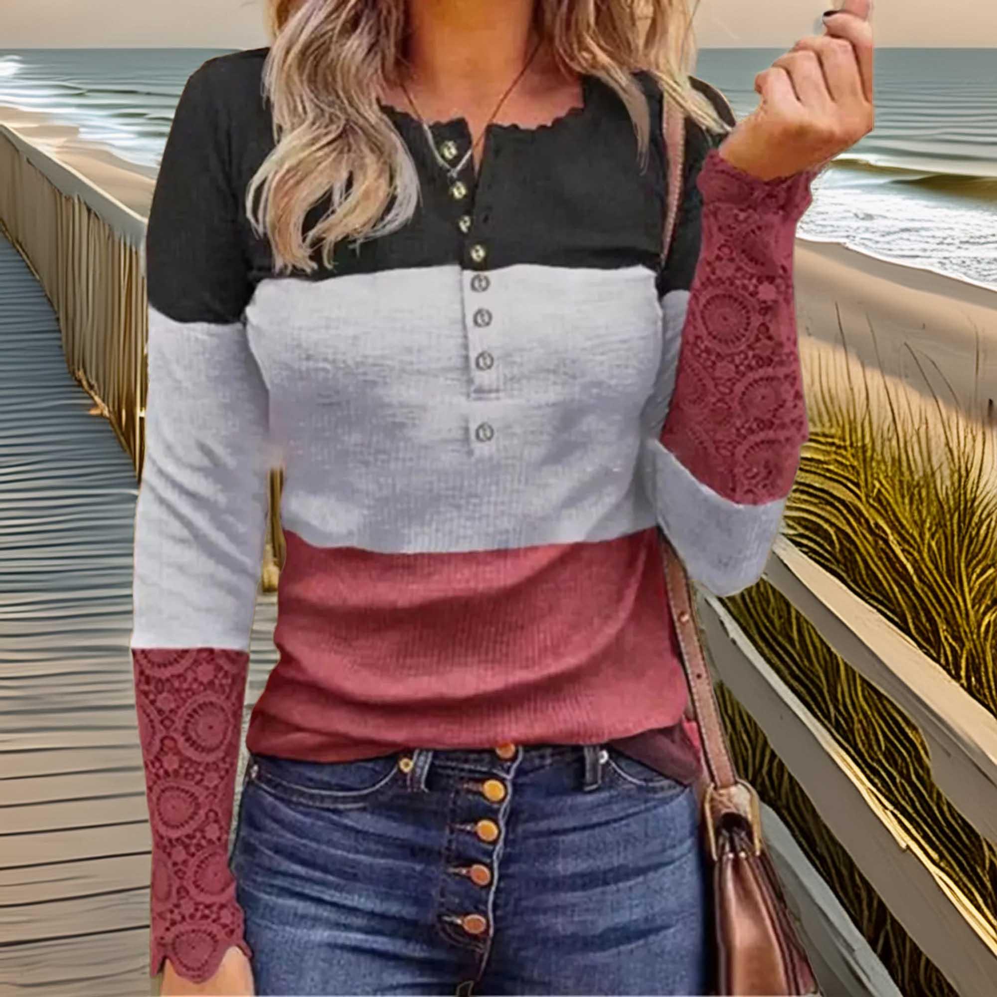 Block Lace Detail Half Button Knit Shirt - Southern Shores Clothing