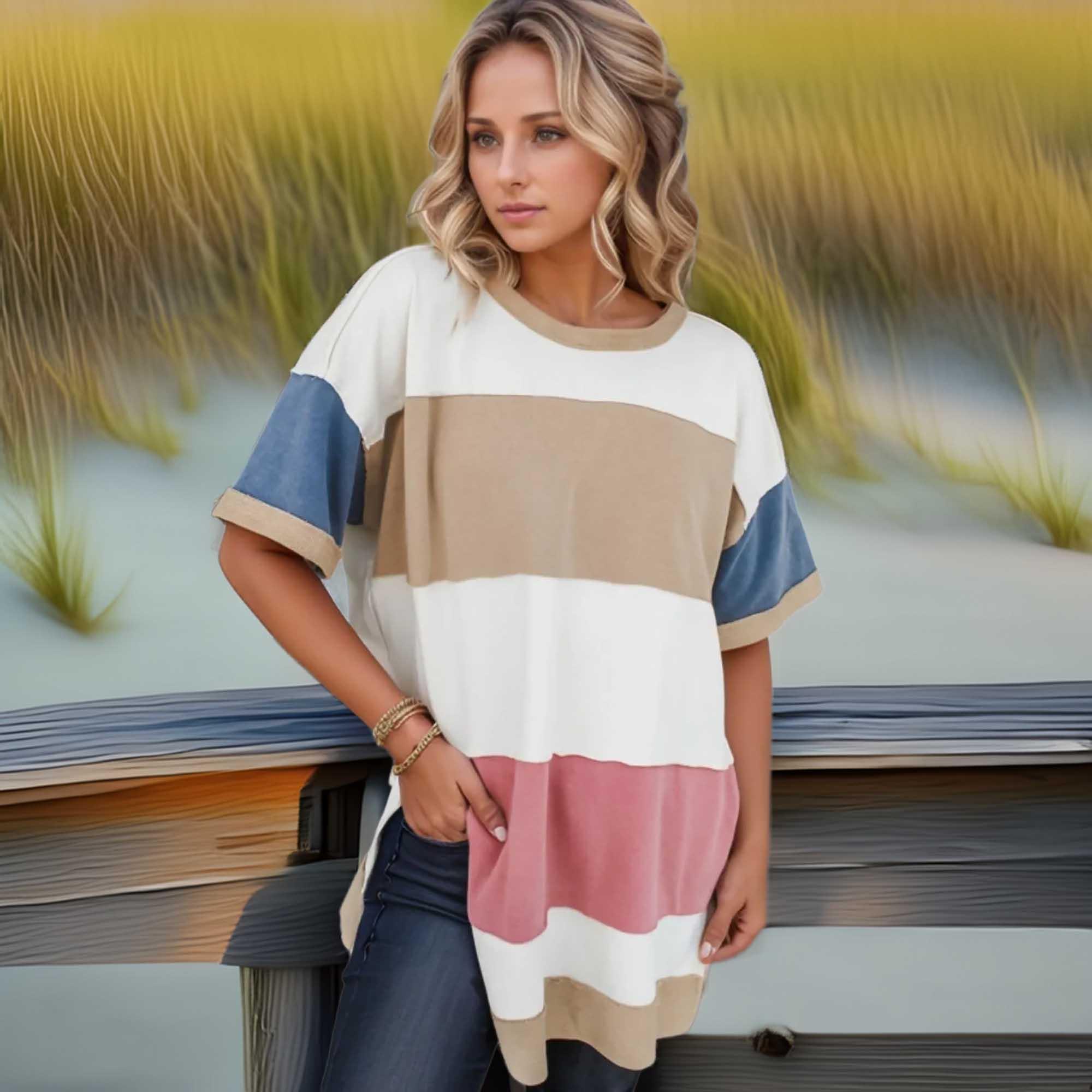 Patchwork Side Split Tunic T-Shirt With Stretch Fabric - Southern Shores Clothing